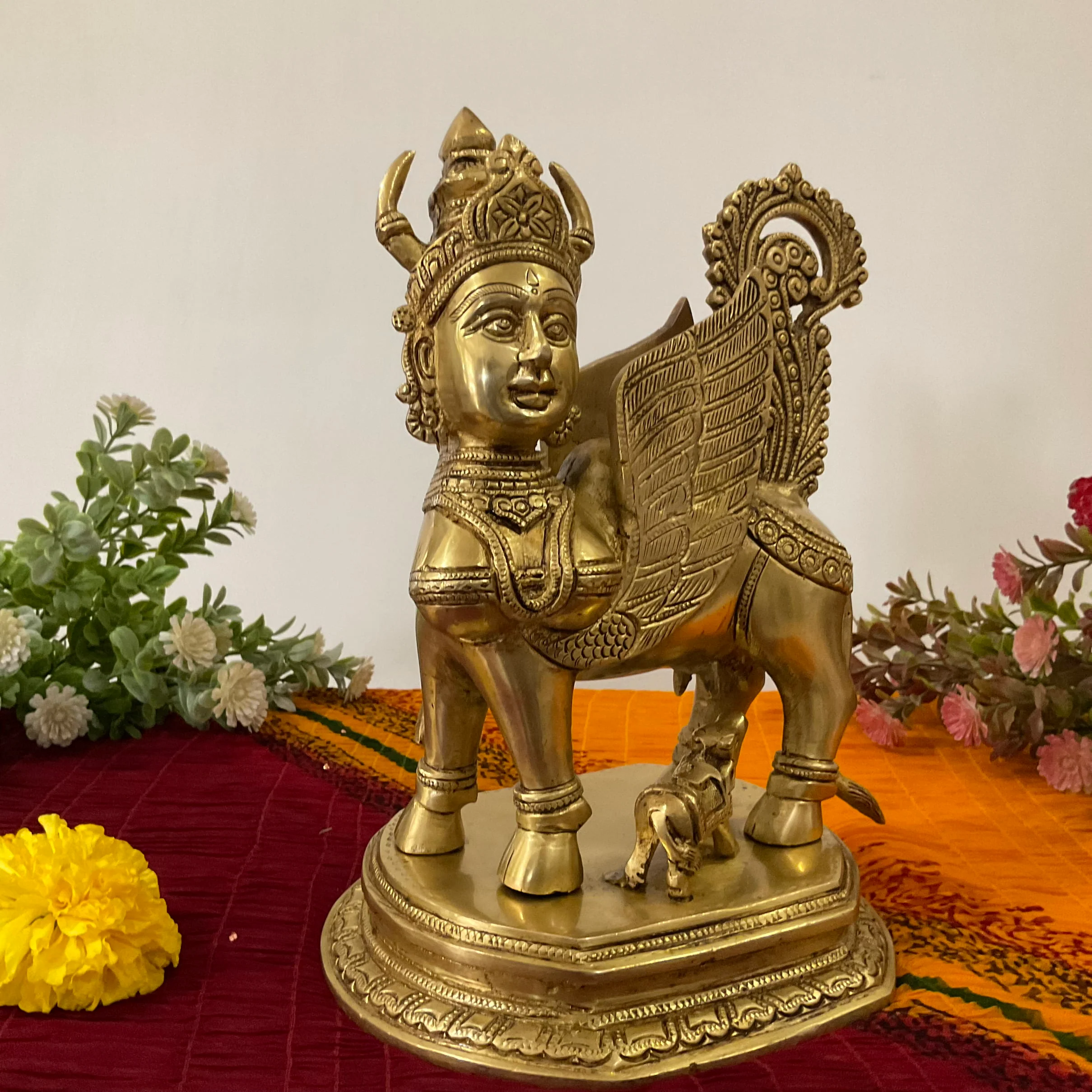 10 Inch Kamadhenu Cow Calf - Handmade Brass Statue -  Decorative Figurine