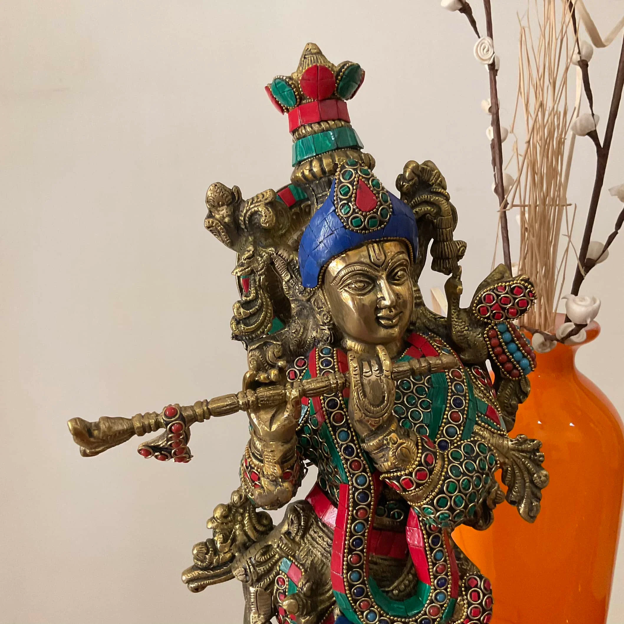 20 Inches Radha Krishna Idol Brass Stonework, God of Love, Decorative Statue Figurines