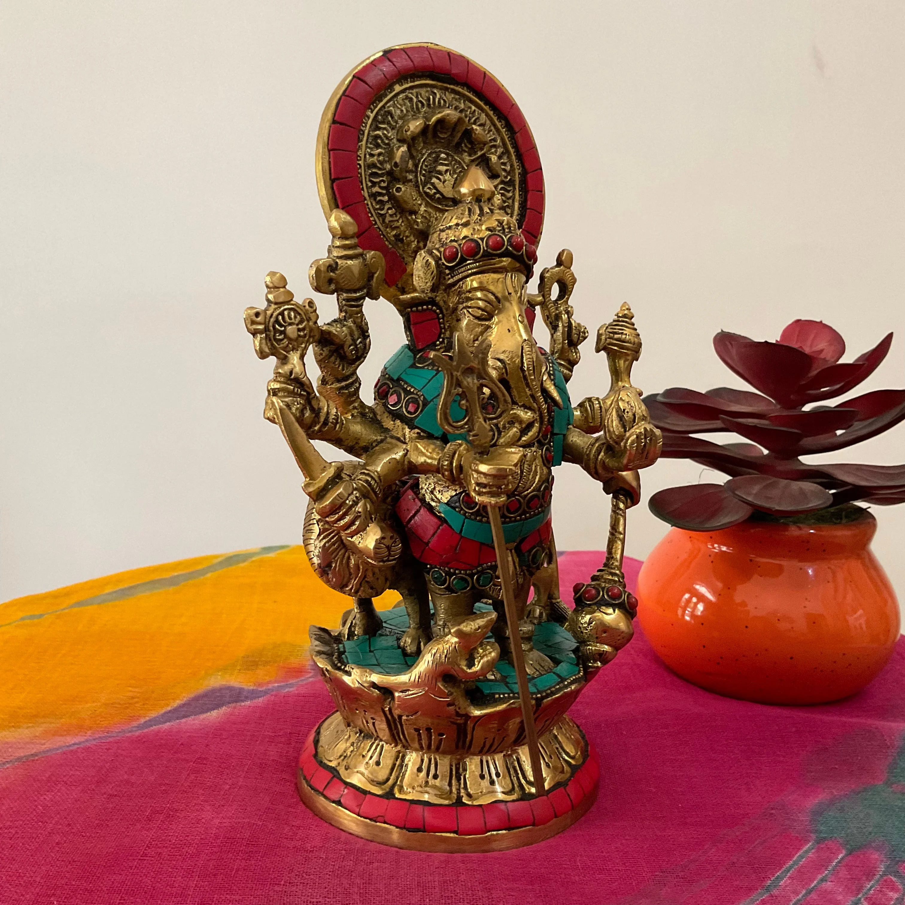 9 Inches Drishti Ganesh Brass Idol - handcrafted Stonework - Ganpati Statue for Home Pooja - Housewarming Gift