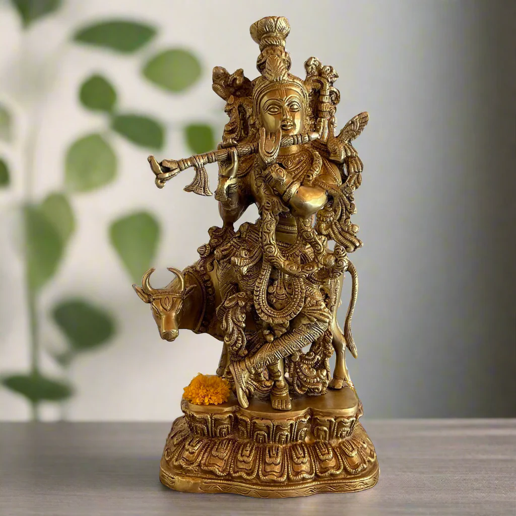 17 Inches Lord Krishna & Cow Brass idol - Krishna Statue for Indian Decor