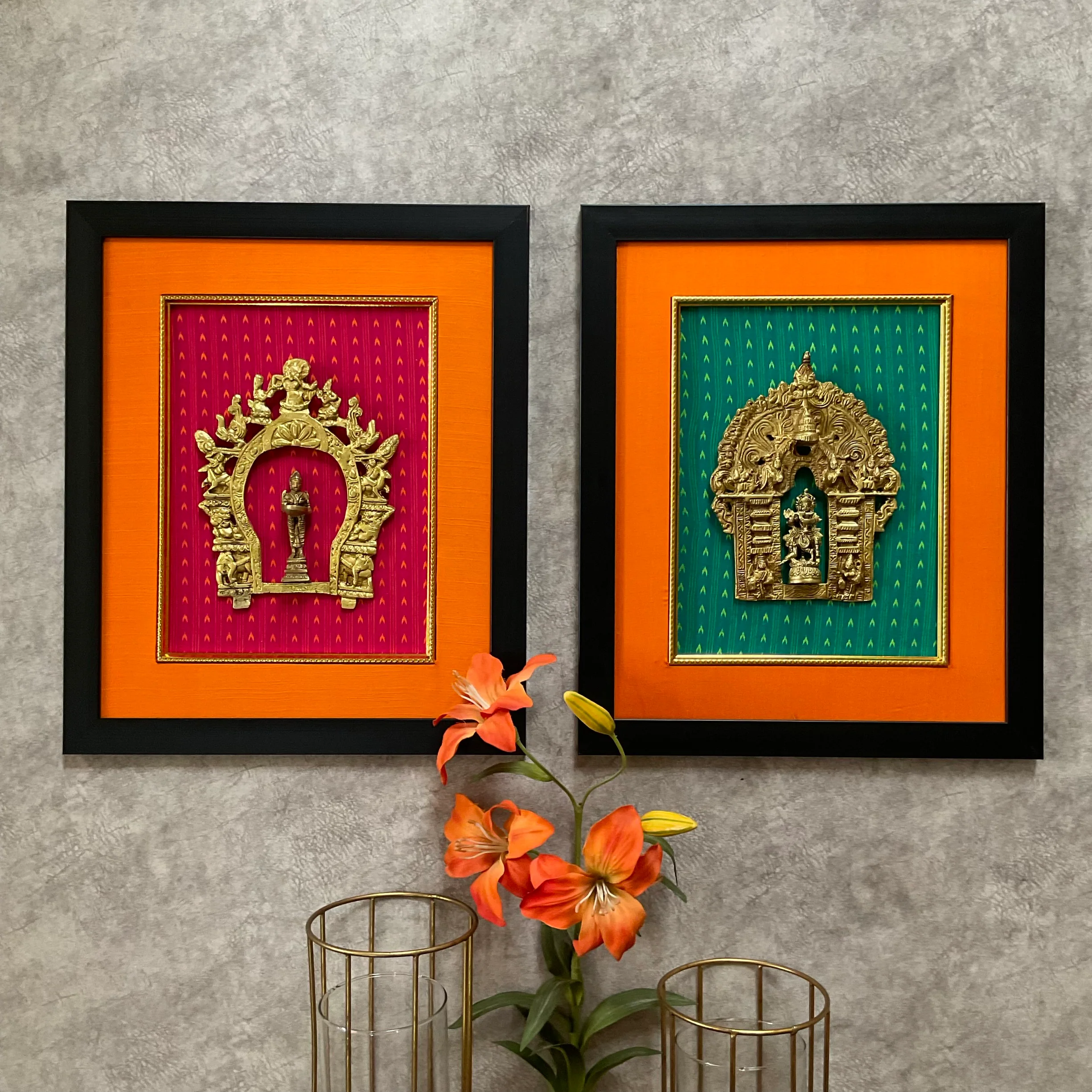 Framed Brass Prabhavali (Set of 2) - Lord Krishna And Deep Lakshmi - Ethnic Wall Decor