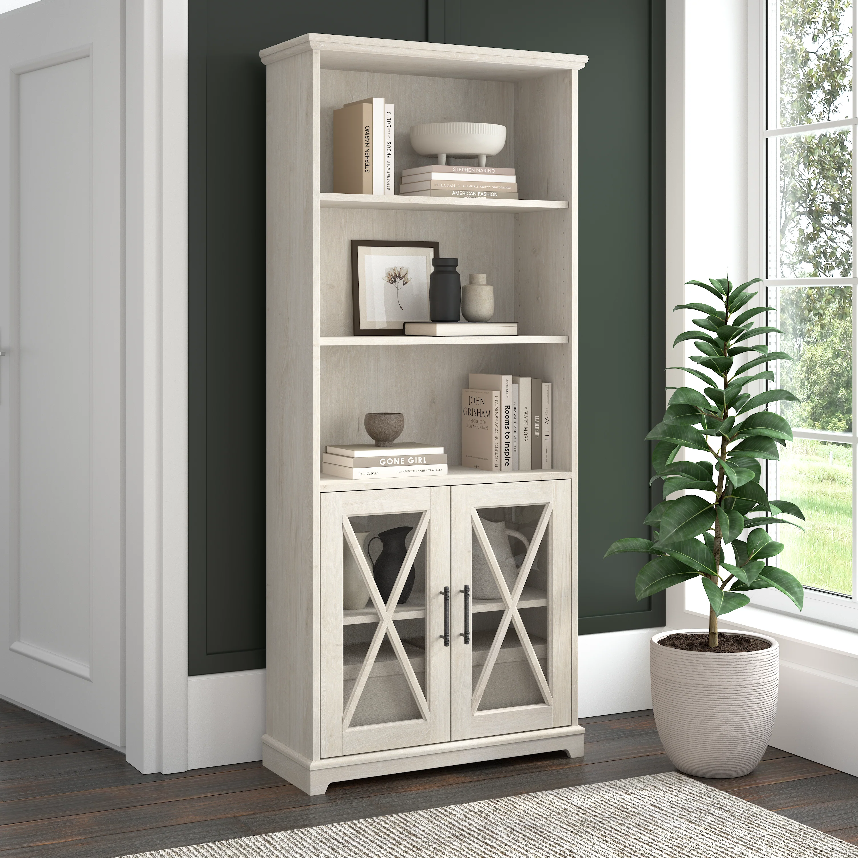 Lennox Farmhouse 5 Shelf Bookcase with Glass Doors