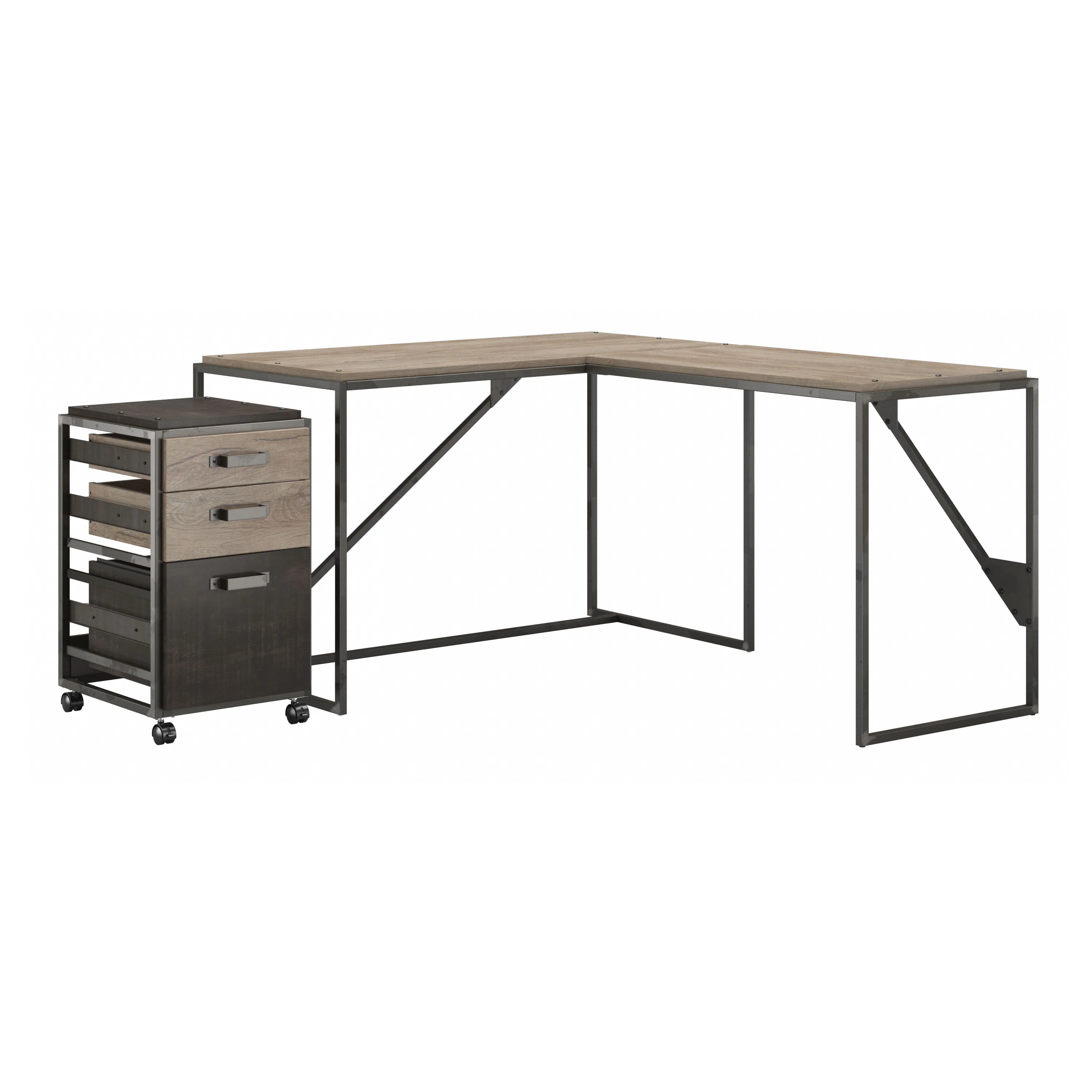 Refinery 50W L Shaped Industrial Desk with 3 Drawer Mobile File Cabinet