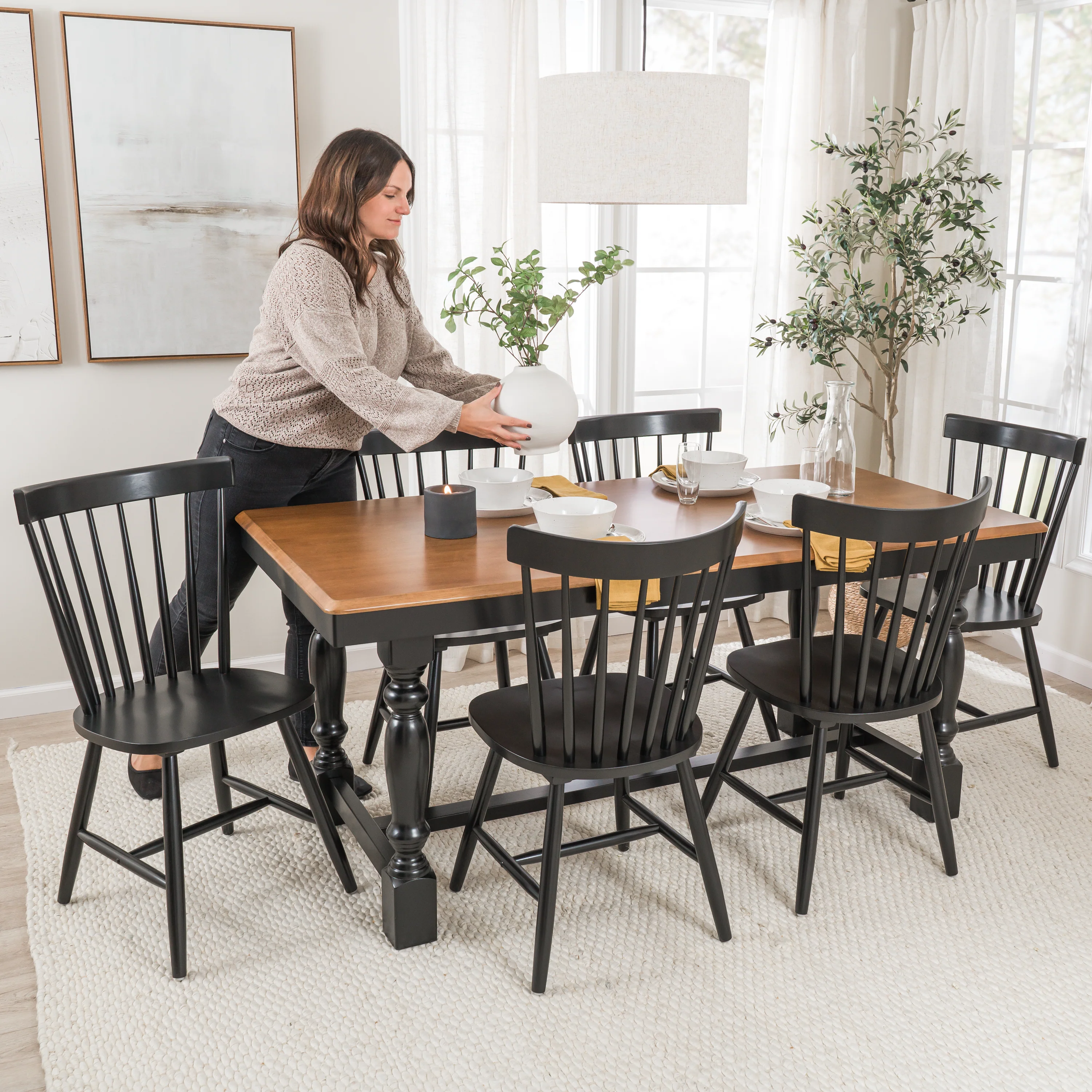 Sterling 67W Squire Trestle Dining Table with 6 High Back Spindle Dining Chairs