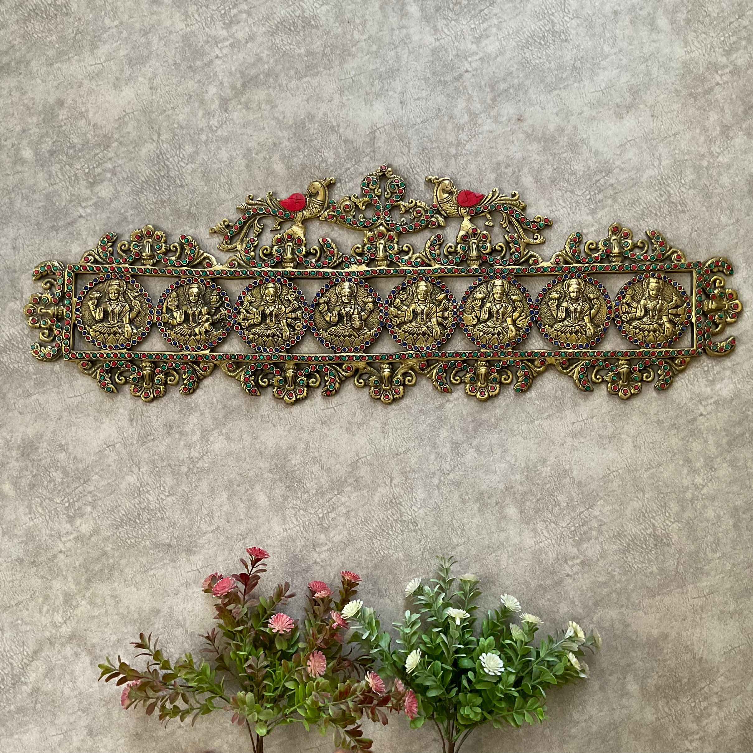 Ashtalakshmi Brass Stonework Divine Wall Hanging - Indian Brass Wall Decor