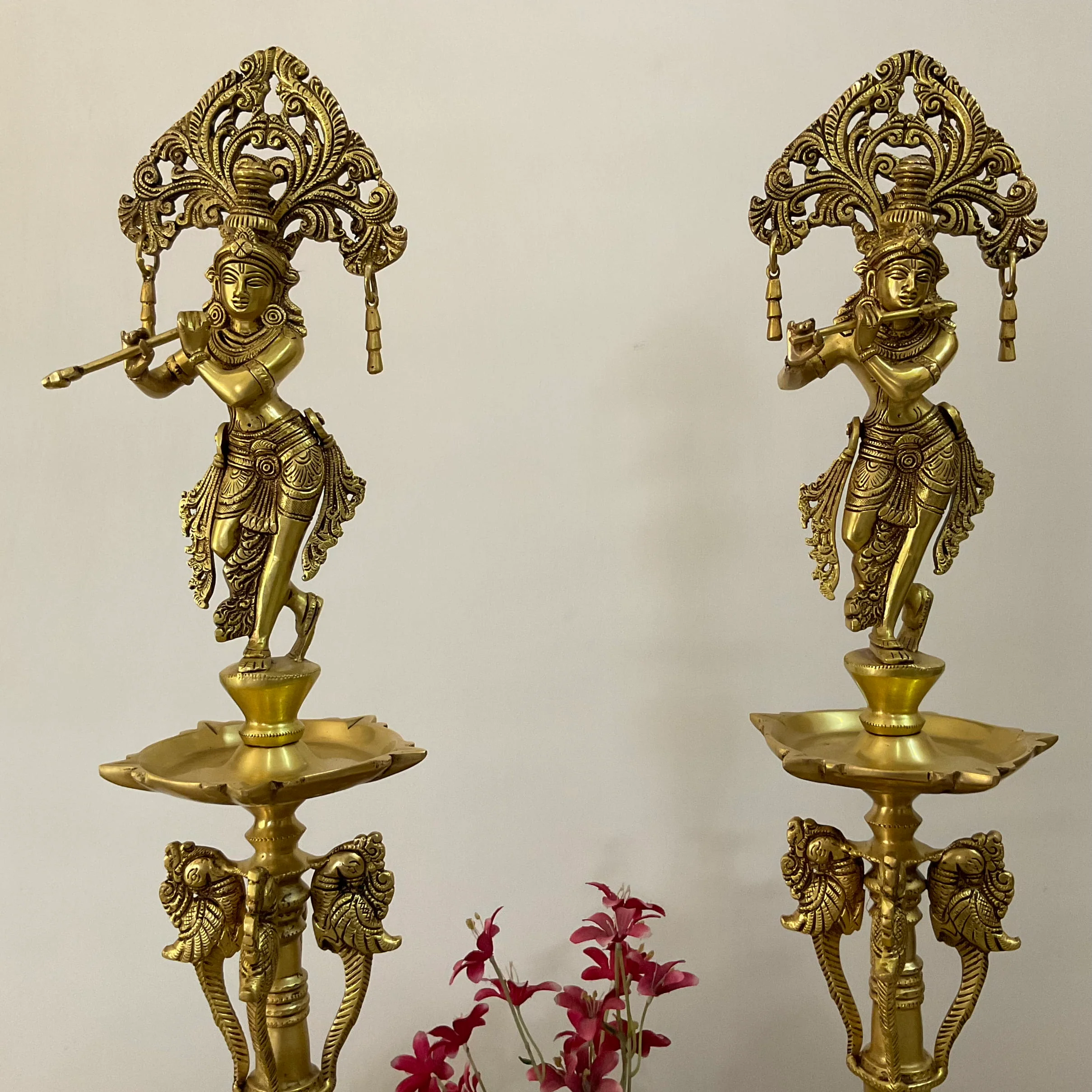 28 Inch Krishna Brass Diya Lamp (Set of 2) - Traditional Indian Festive Decor