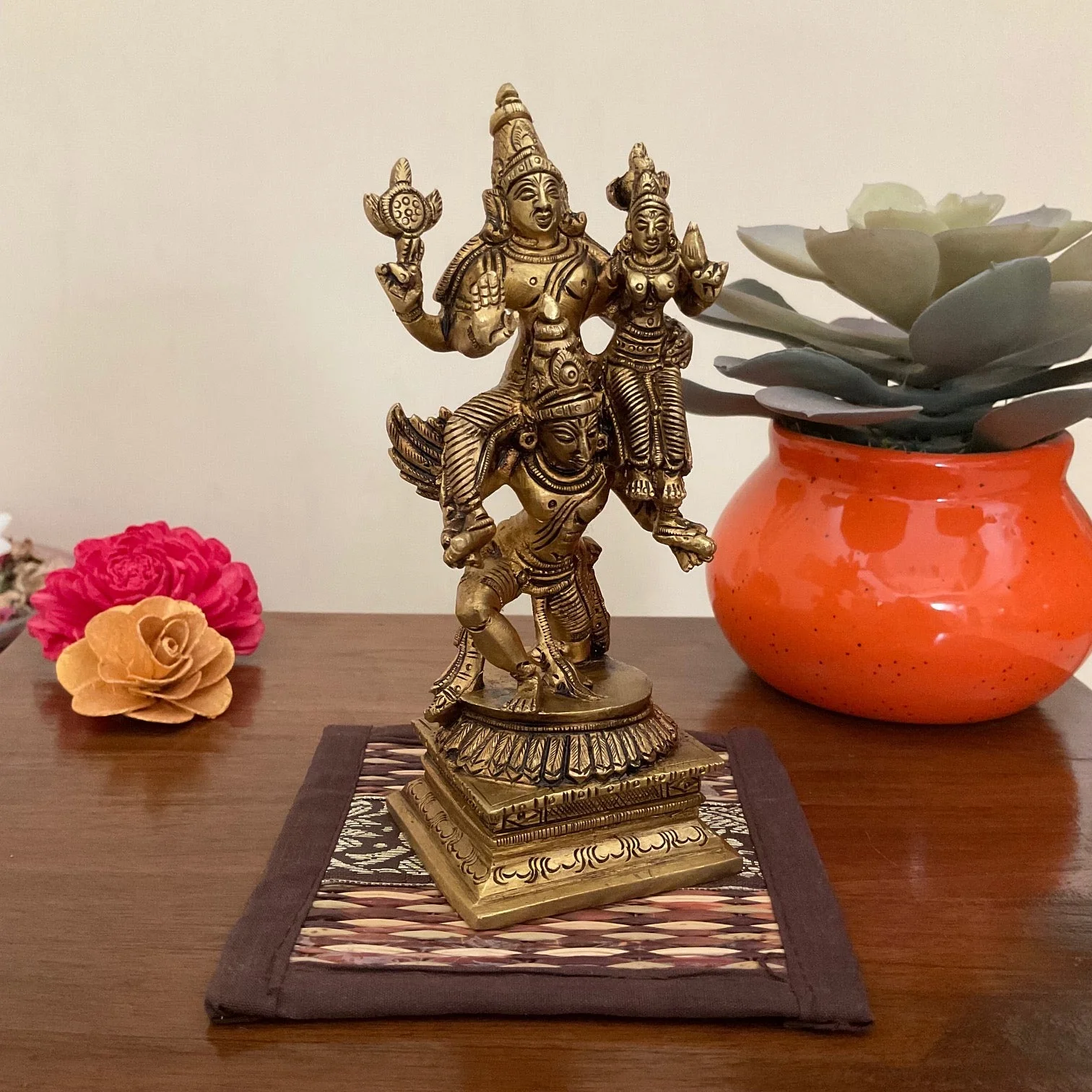 Garuda, Lord Vishnu, Devi Lakshmi Brass Idol - Decorative Figurine