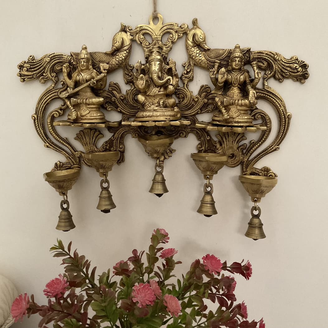 Lakshmi Ganesh Saraswati Hanging Diya & Bell - Brass Divine Wall Hanging - Festive Decor