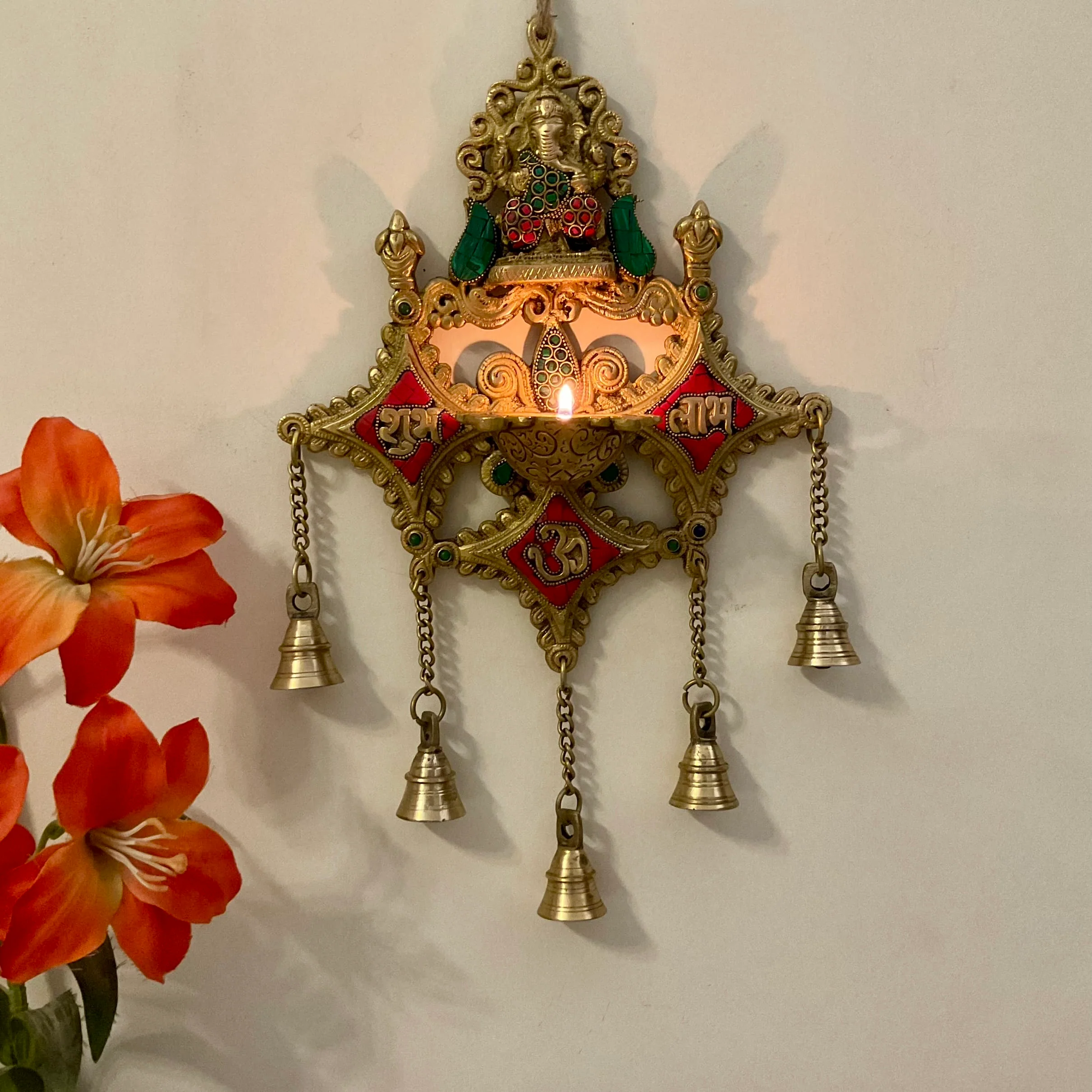 Shubh Labh Ganesha Wall Hanging Diya Bell - Brass Stonework Decor