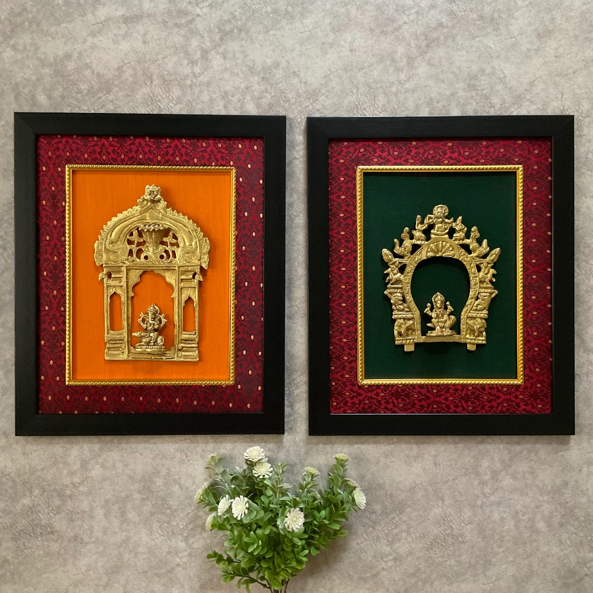 Framed Brass Prabhavali (Set of 2) - Lakshmi Ganesha - Ethnic Wall Decor
