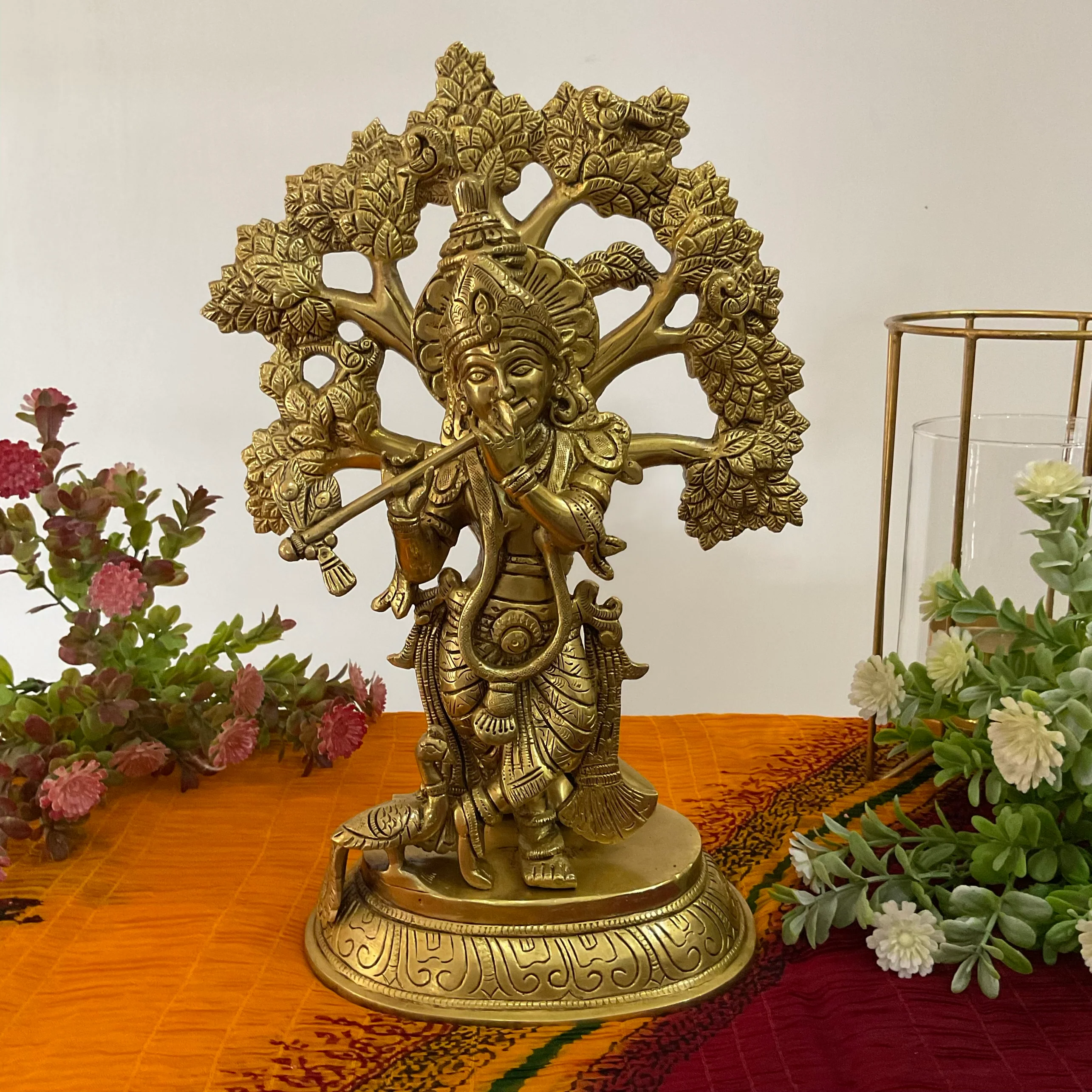 13 Inch Lord Krishna With Tree Brass idol - Krishna Statue for Indian Decor