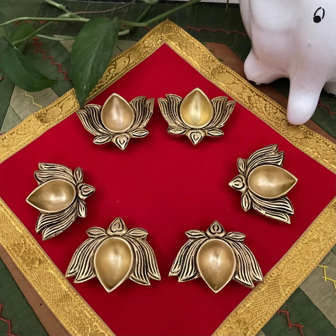 Small Lotus Diya  (Set of 6) - Handmade Brass lamp - Decorative