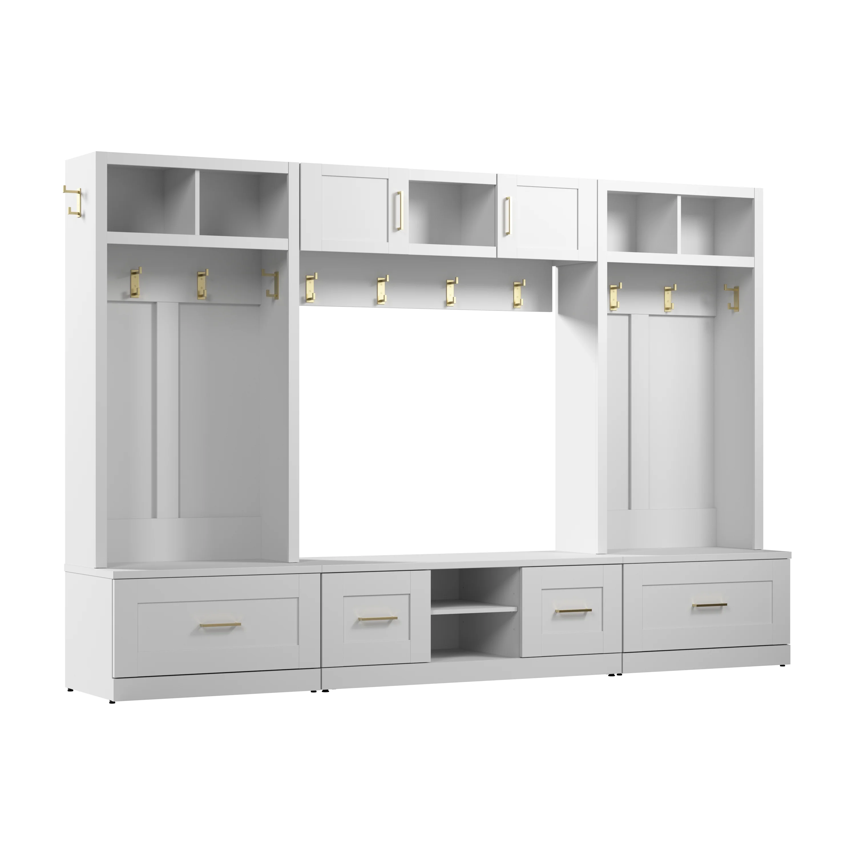 Hampton Heights Full Entryway Storage Set with Coat Rack, Hall Trees, and Shoe Benches with Doors and Drawers