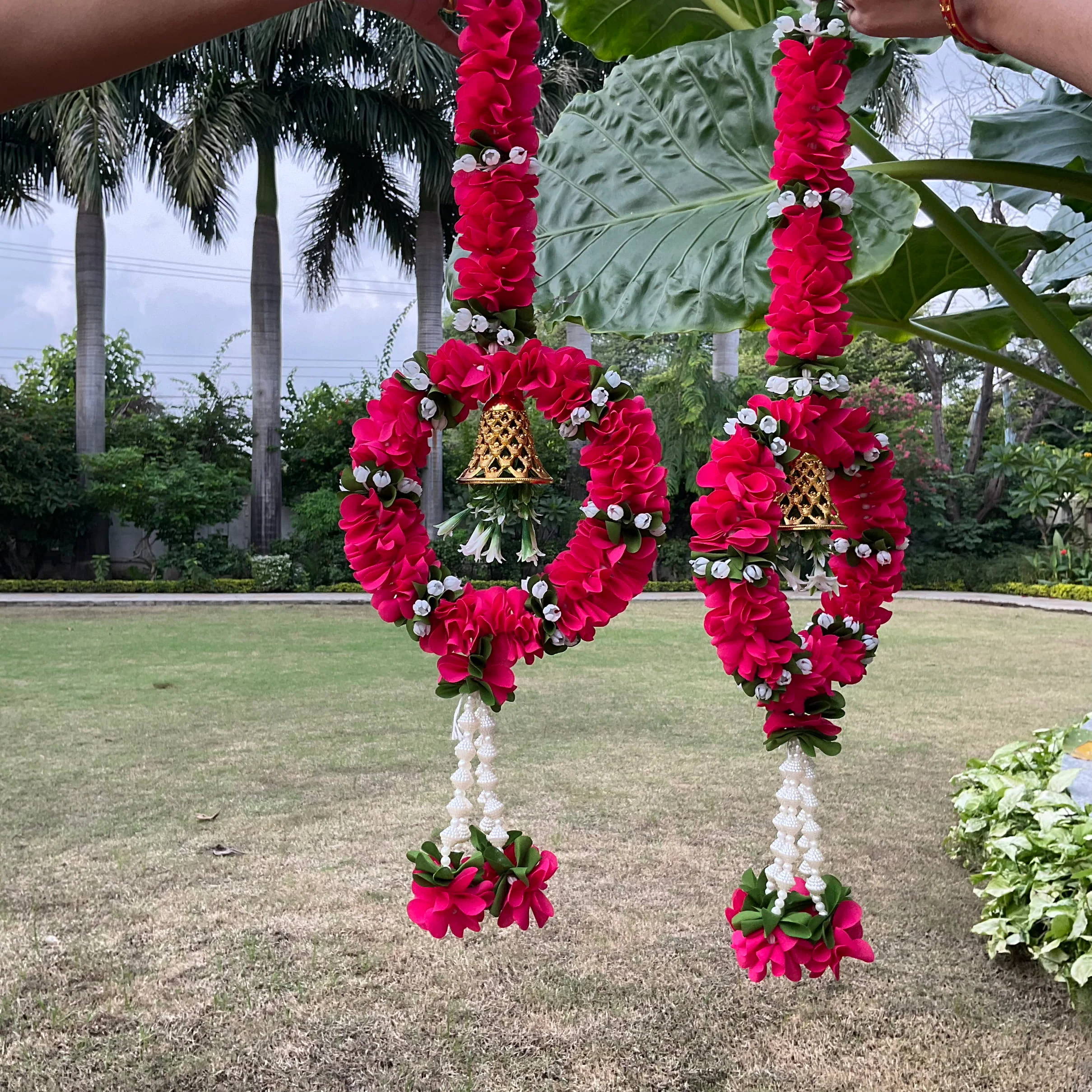 Artificial Pink Flower Ring With Bell (Set of 6) - Festive Housewarming Decoration Wall Hanging