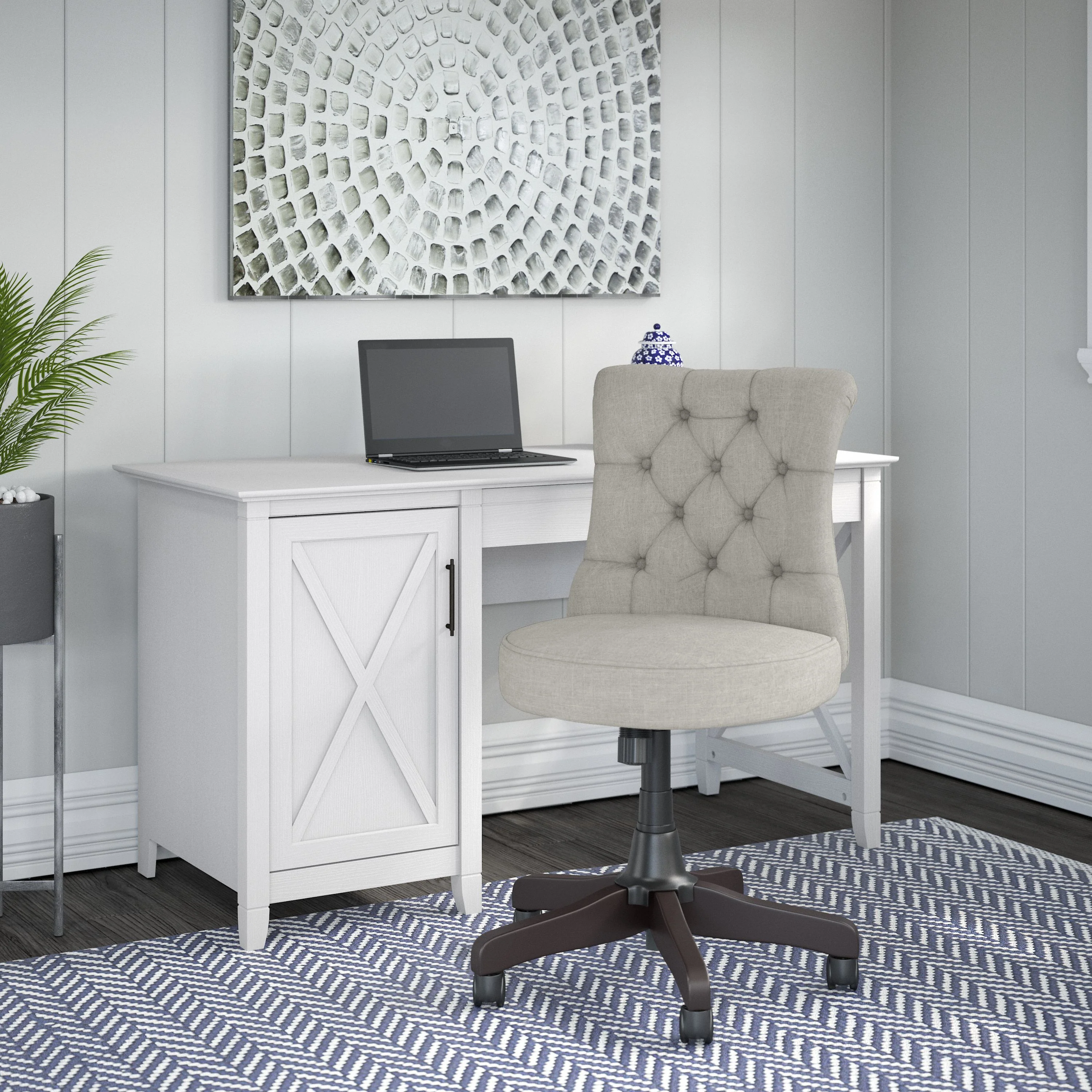 Key West 54W Computer Desk with Storage and Mid Back Tufted Office Chair