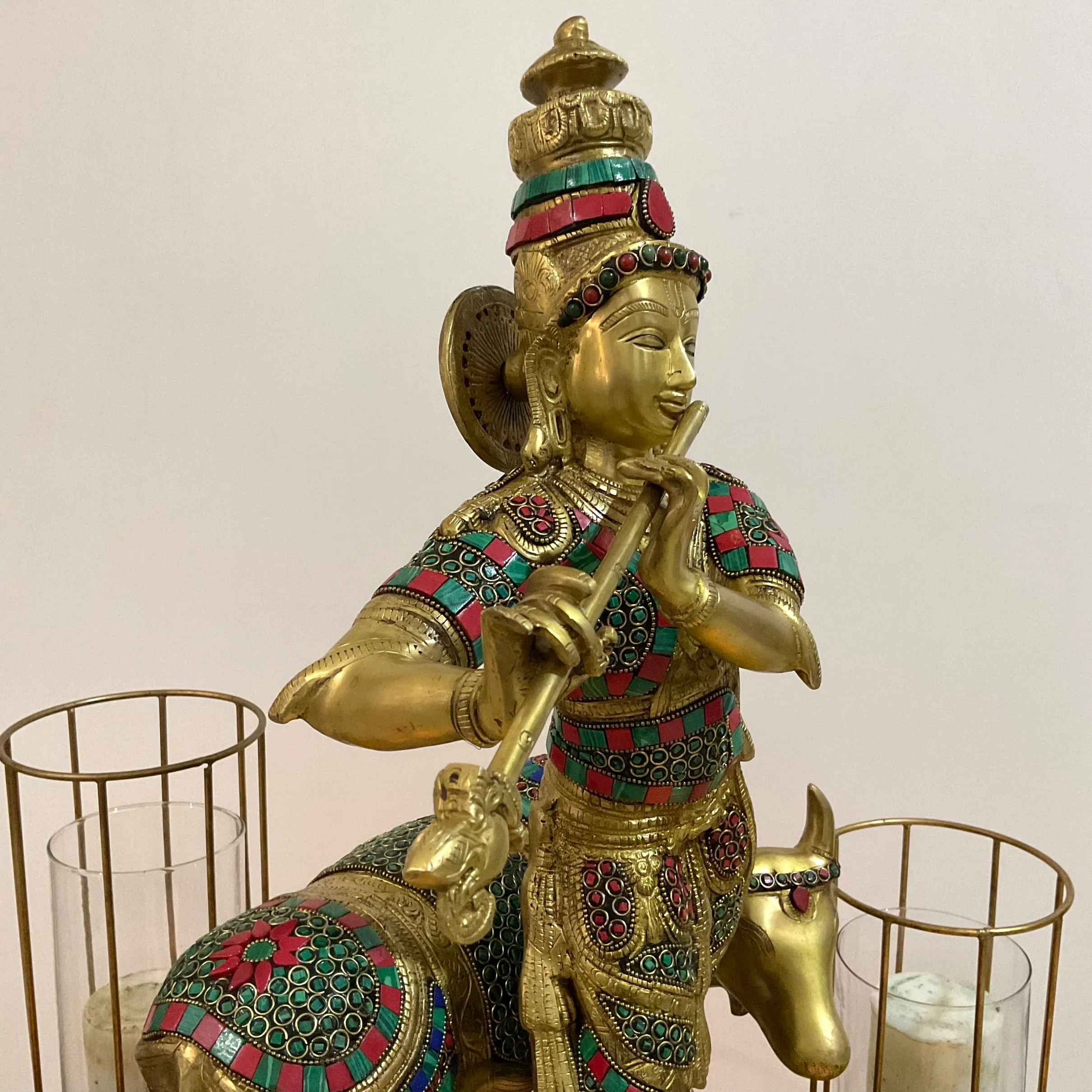 Lord Krishna Cow idol, 25 Inch Large Brass Stonework Statue for Home