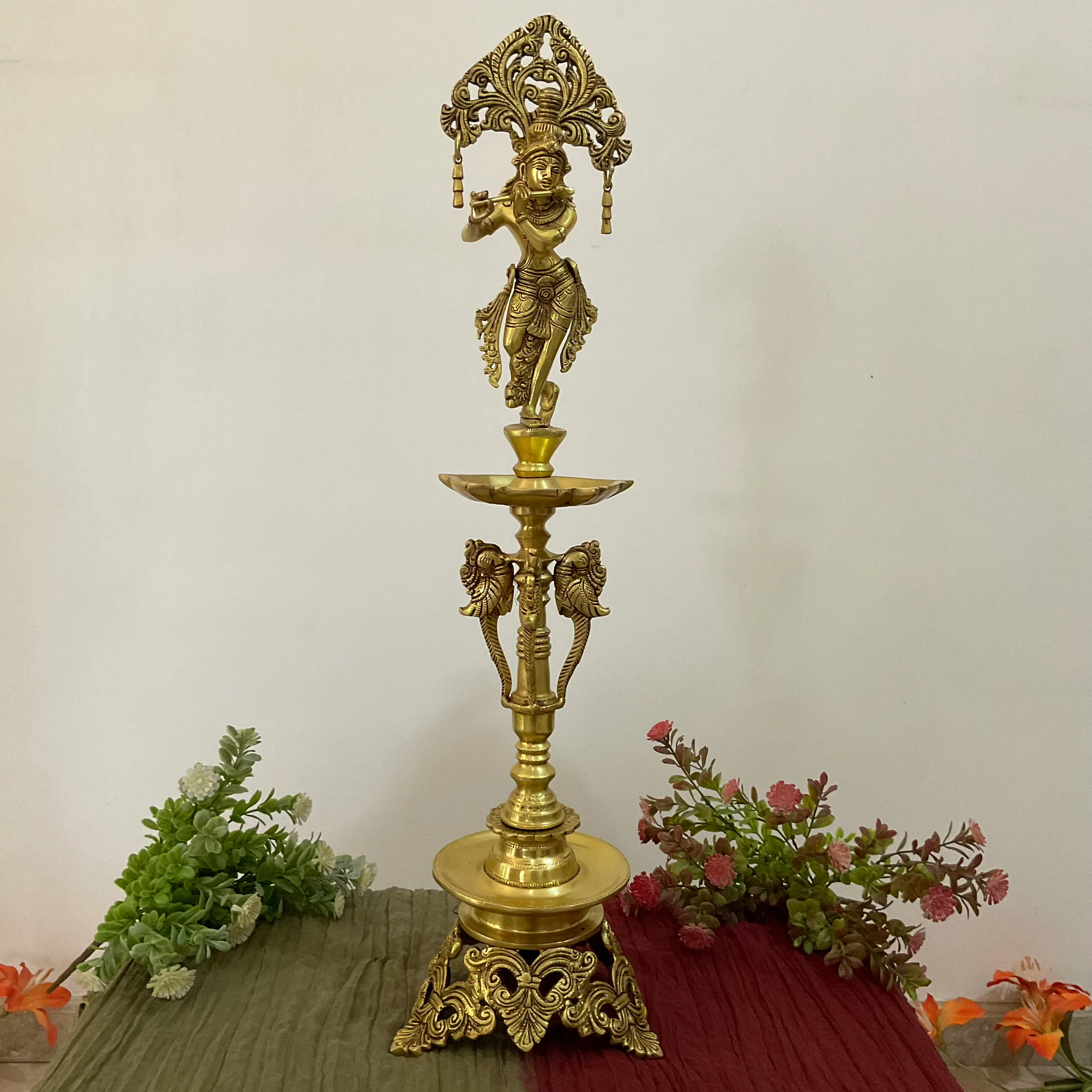 28 Inch Krishna Brass Diya Lamp (Set of 2) - Traditional Indian Festive Decor