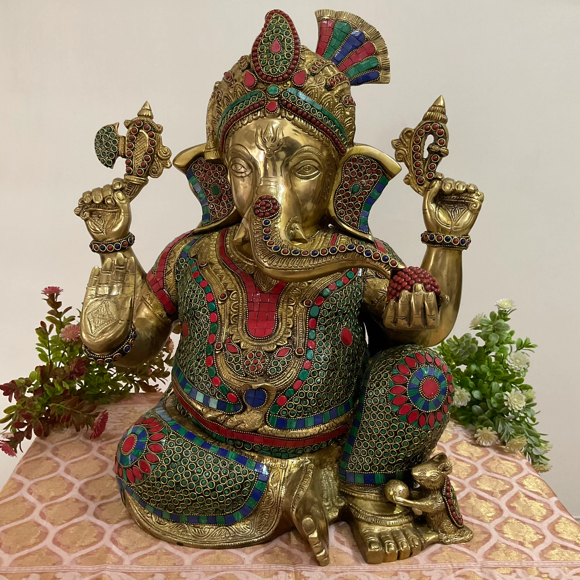 Big Ganesha Statue of Home Entrance Decor Idol - Brass Stonework Murti