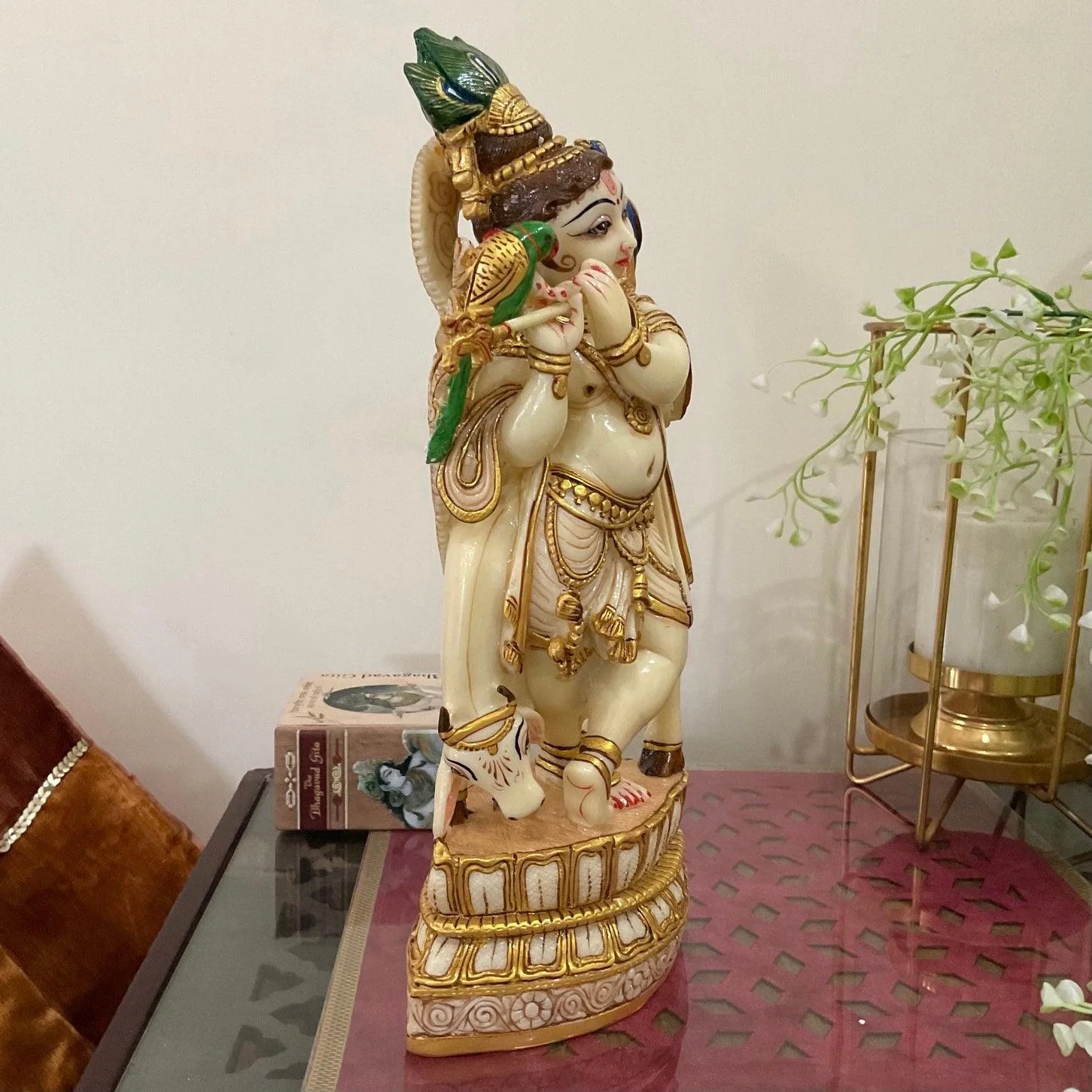 Handcrafted Krishna & Cow Marble Dust Resin Idol -  Hindu God Statue - Decorative Murti