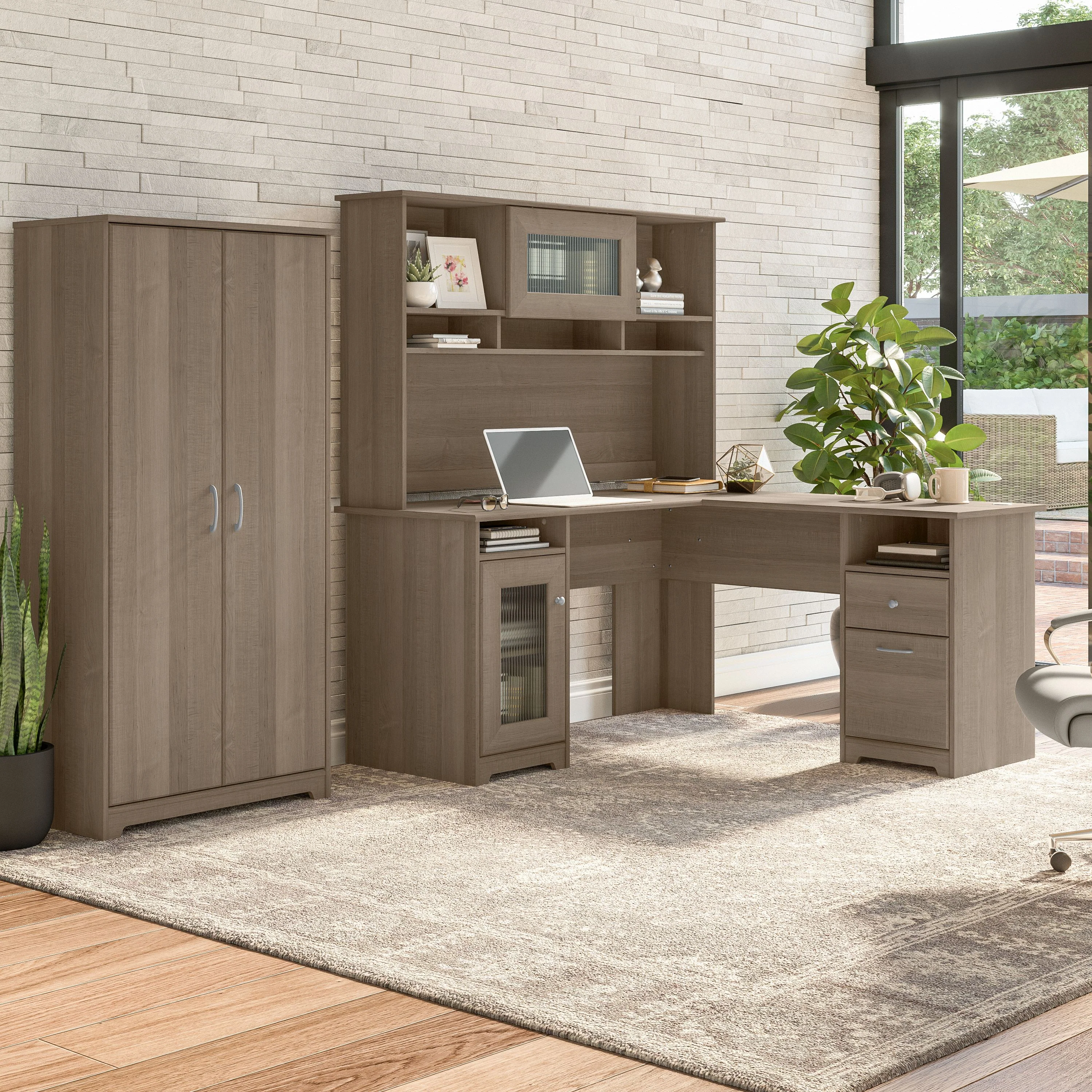 60W L Desk, Hutch, and 2 Door Tall Storage