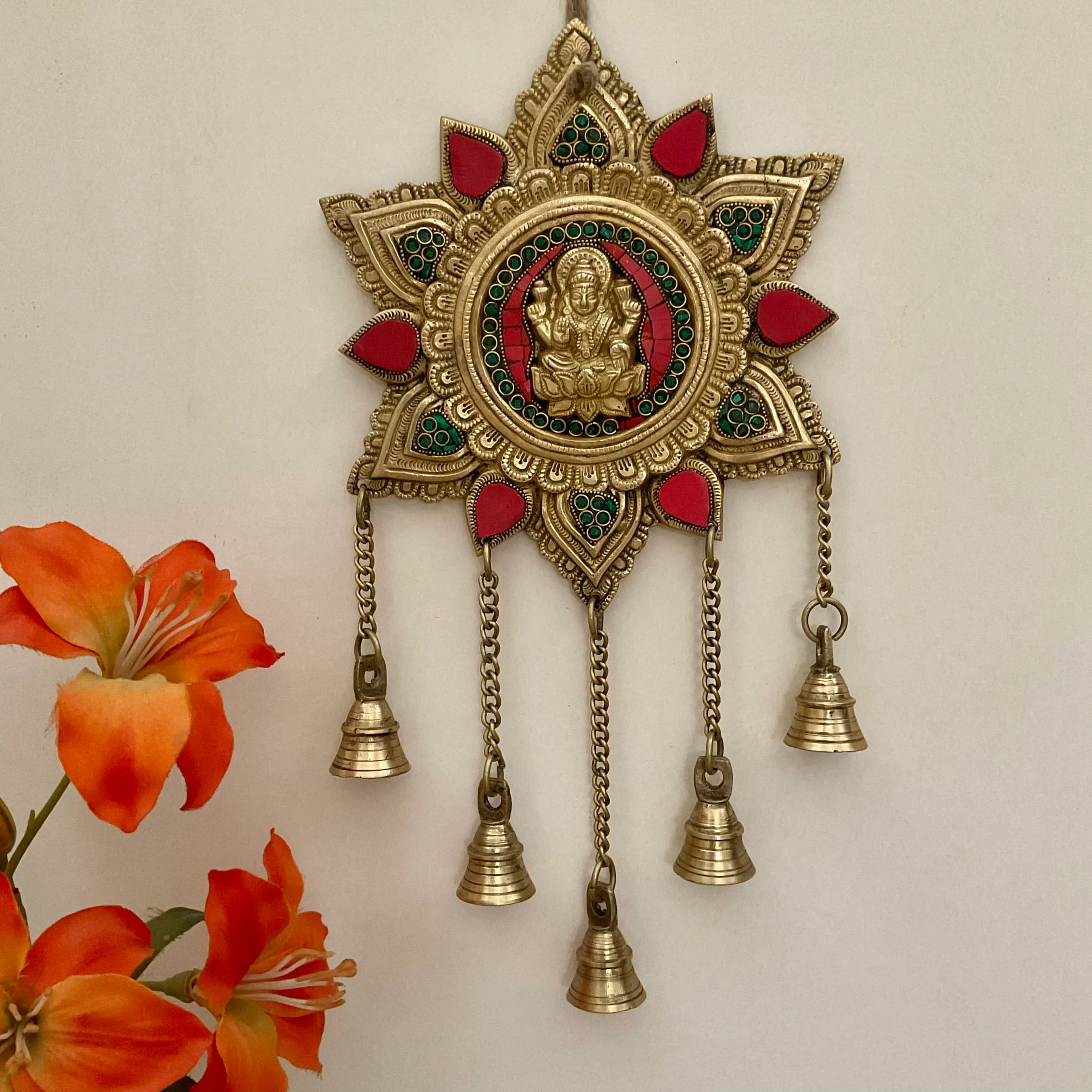 Lakshmi Wall Hanging Bell - Brass Stonework Decor