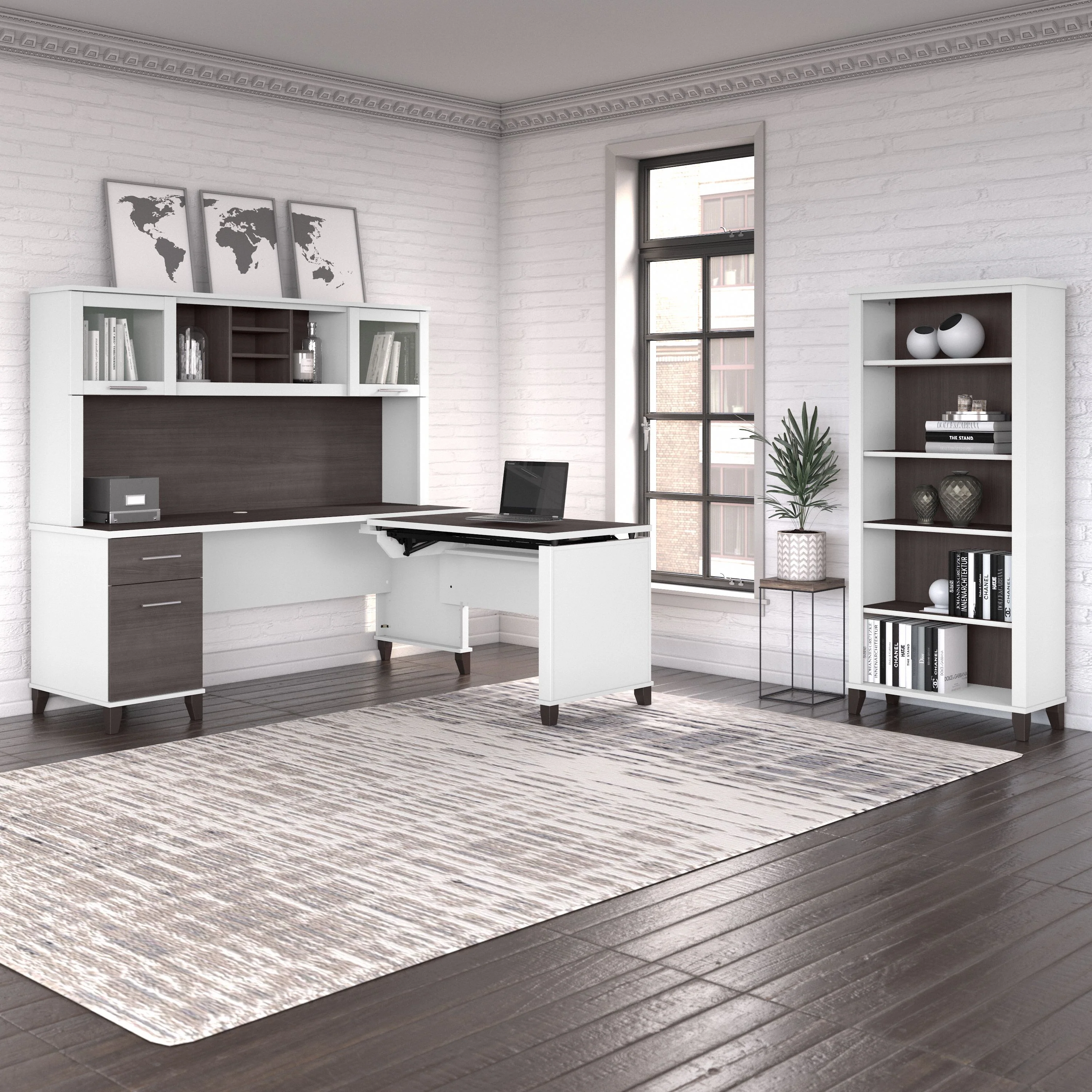 Somerset 72W 3 Position Sit to Stand L Shaped Desk with Hutch and Bookcase