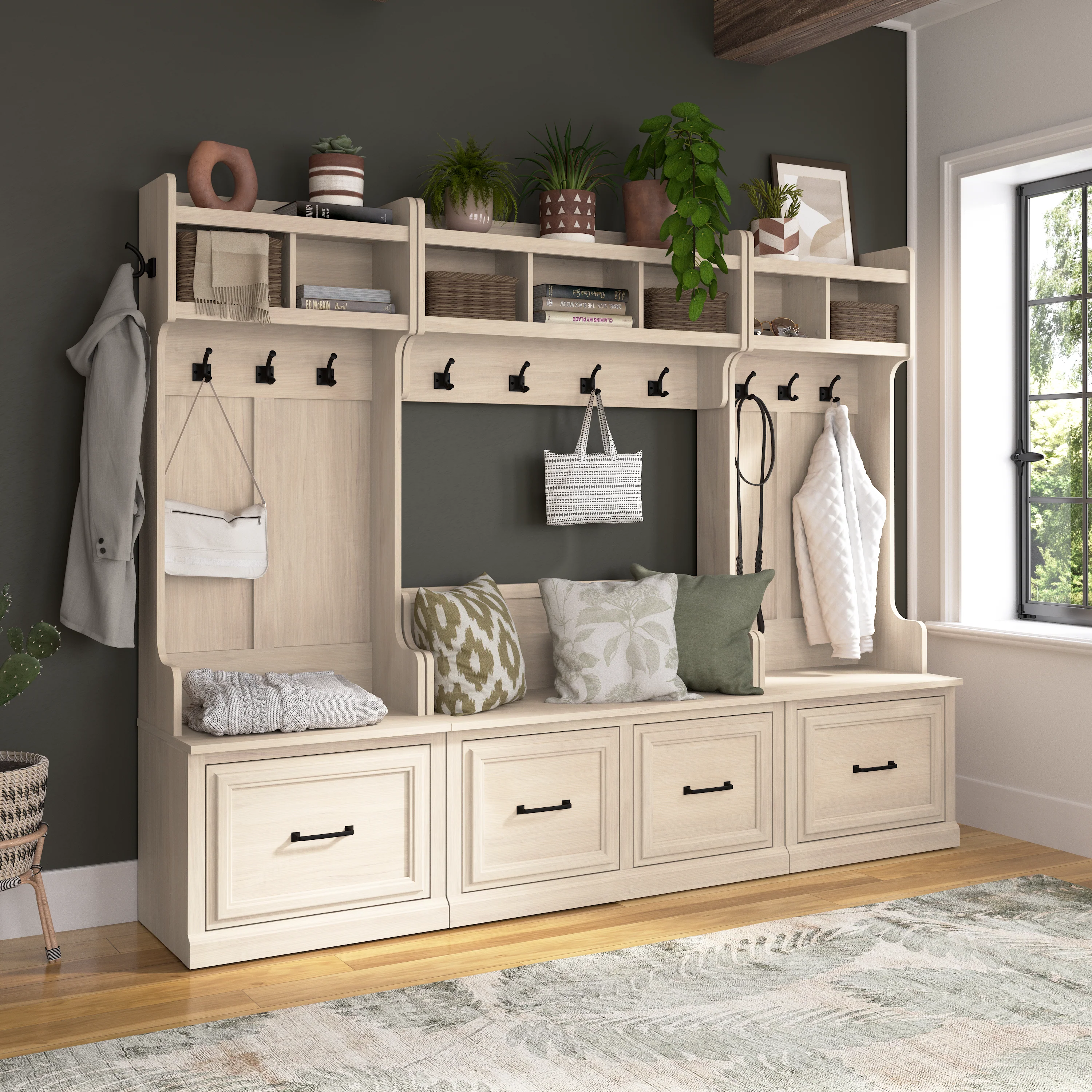 Woodland Entryway Storage Set with Hall Trees and Shoe Bench with Drawers