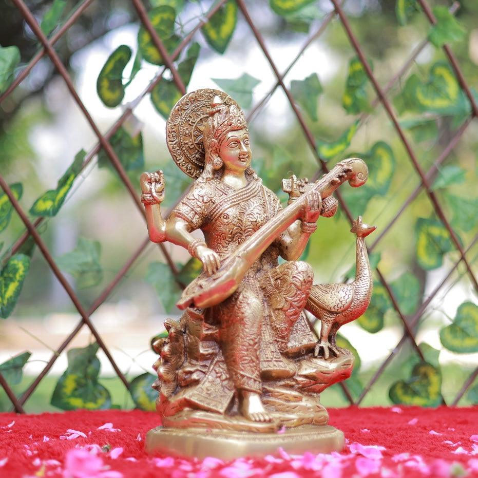 15 Inches Goddess Saraswati Brass Idol - Decorative Statue