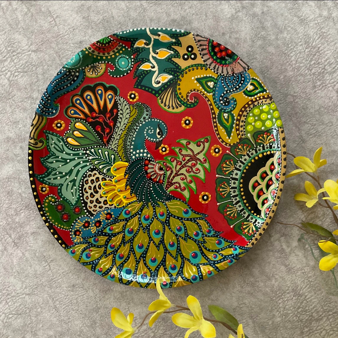 Colourful Handmade Dot Painting Wall Decor - Wall Plate Hanging - Set of 4