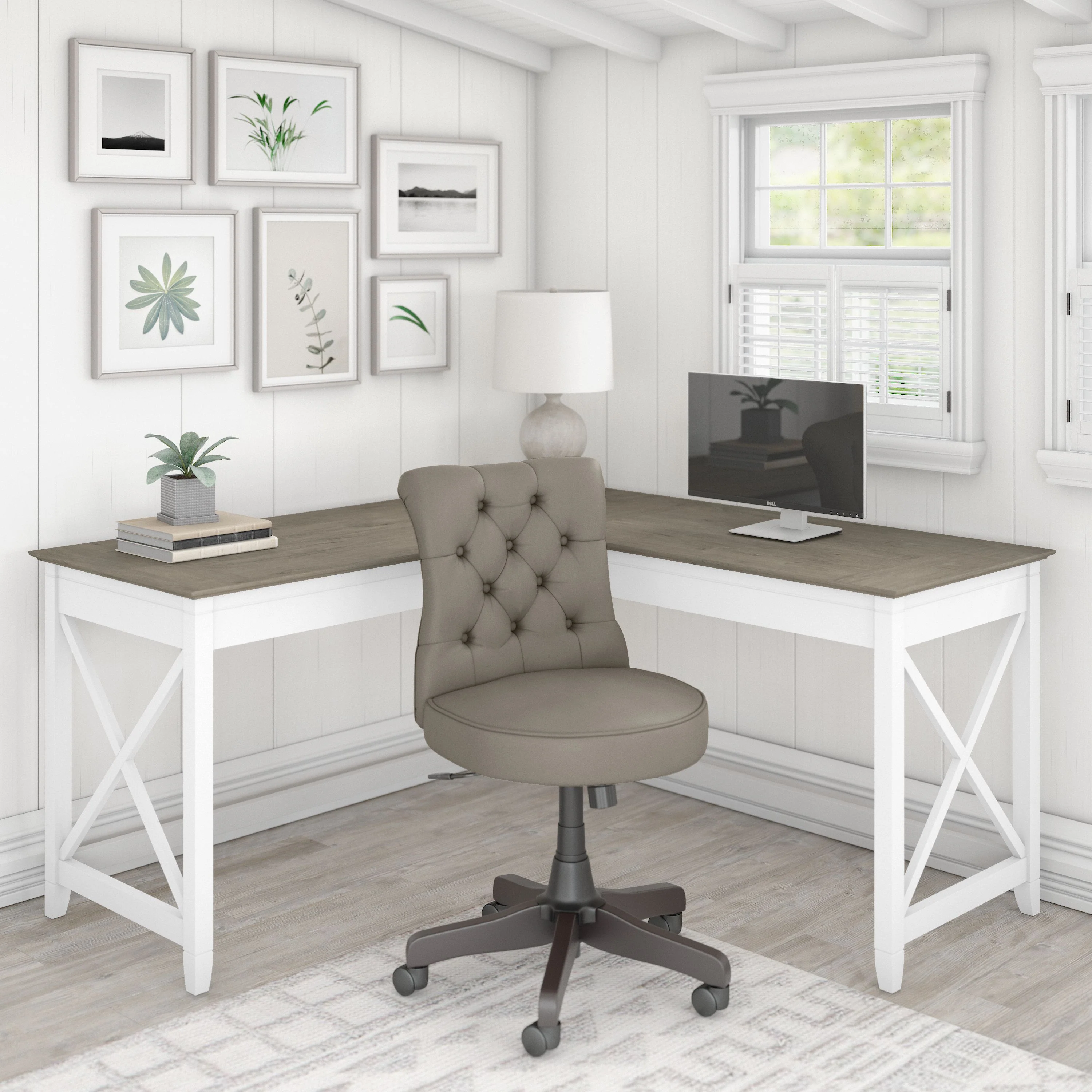 Key West 60W L Shaped Desk with Mid Back Tufted Office Chair