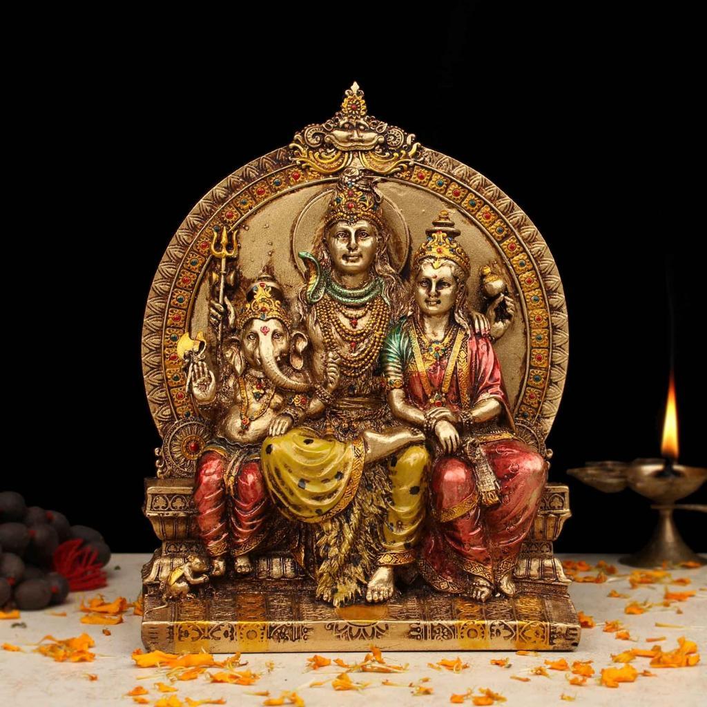 Shiv Parivar Copper Finish Marble Dust & Resin Idol -  Hindu God Statue - Decorative Murti