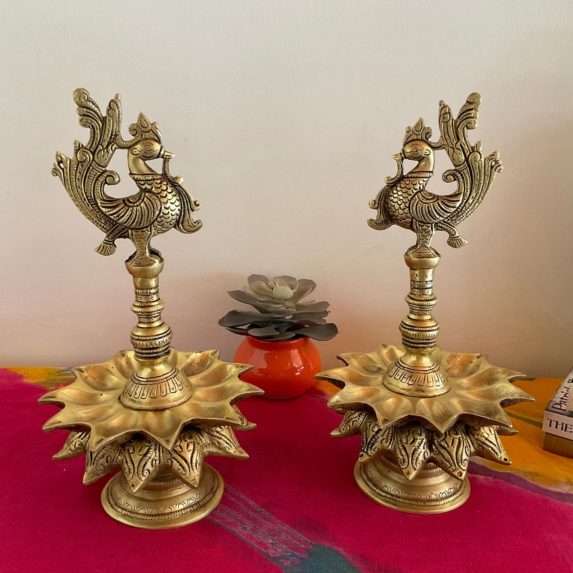 13 Inches Handmade Annapakshi Brass Diya Lamp (Set of 2) - Festive Home Decor