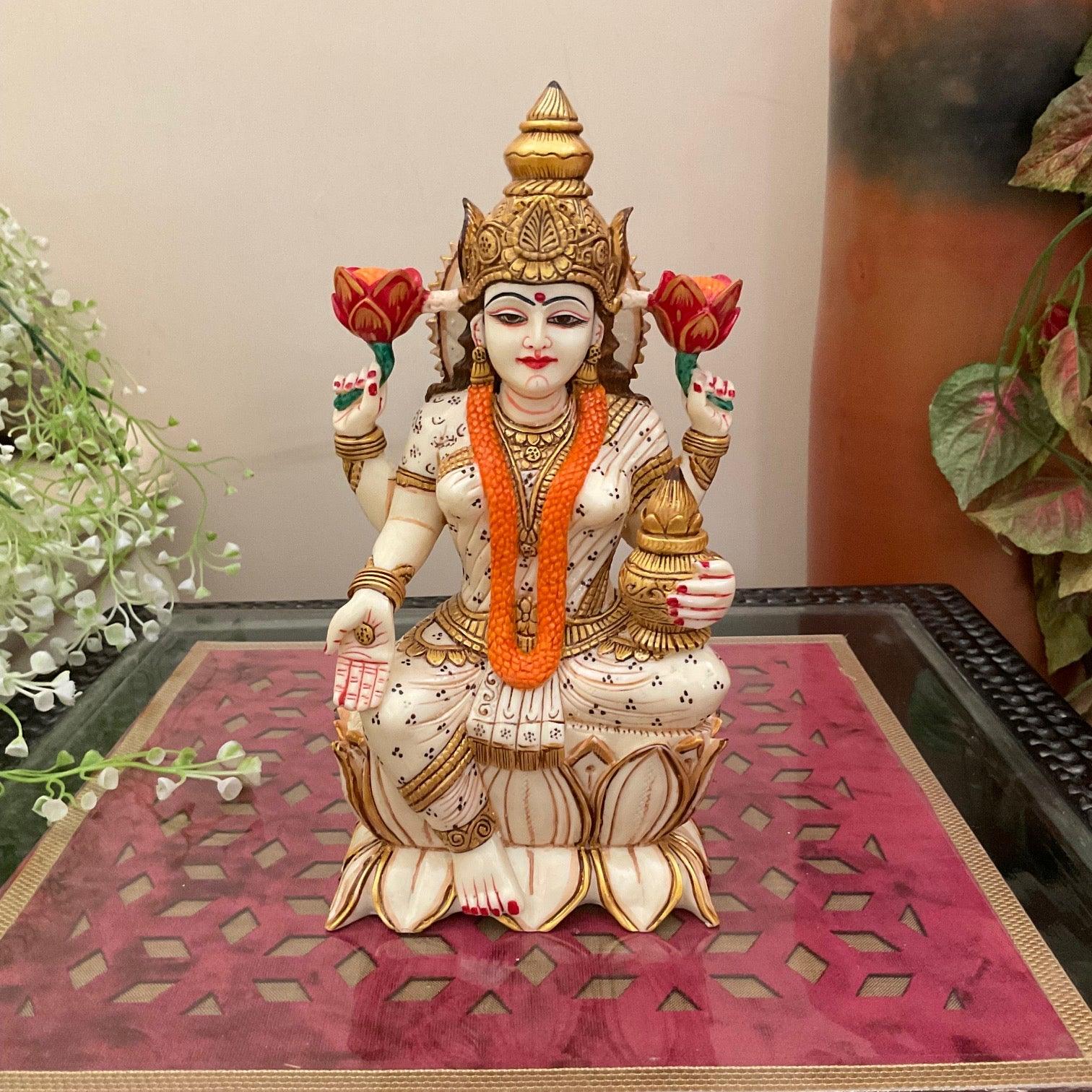 9 Inches Goddess Lakshmi Marble Dust & Resin Idol -  Hindu God Statue - Decorative Murti