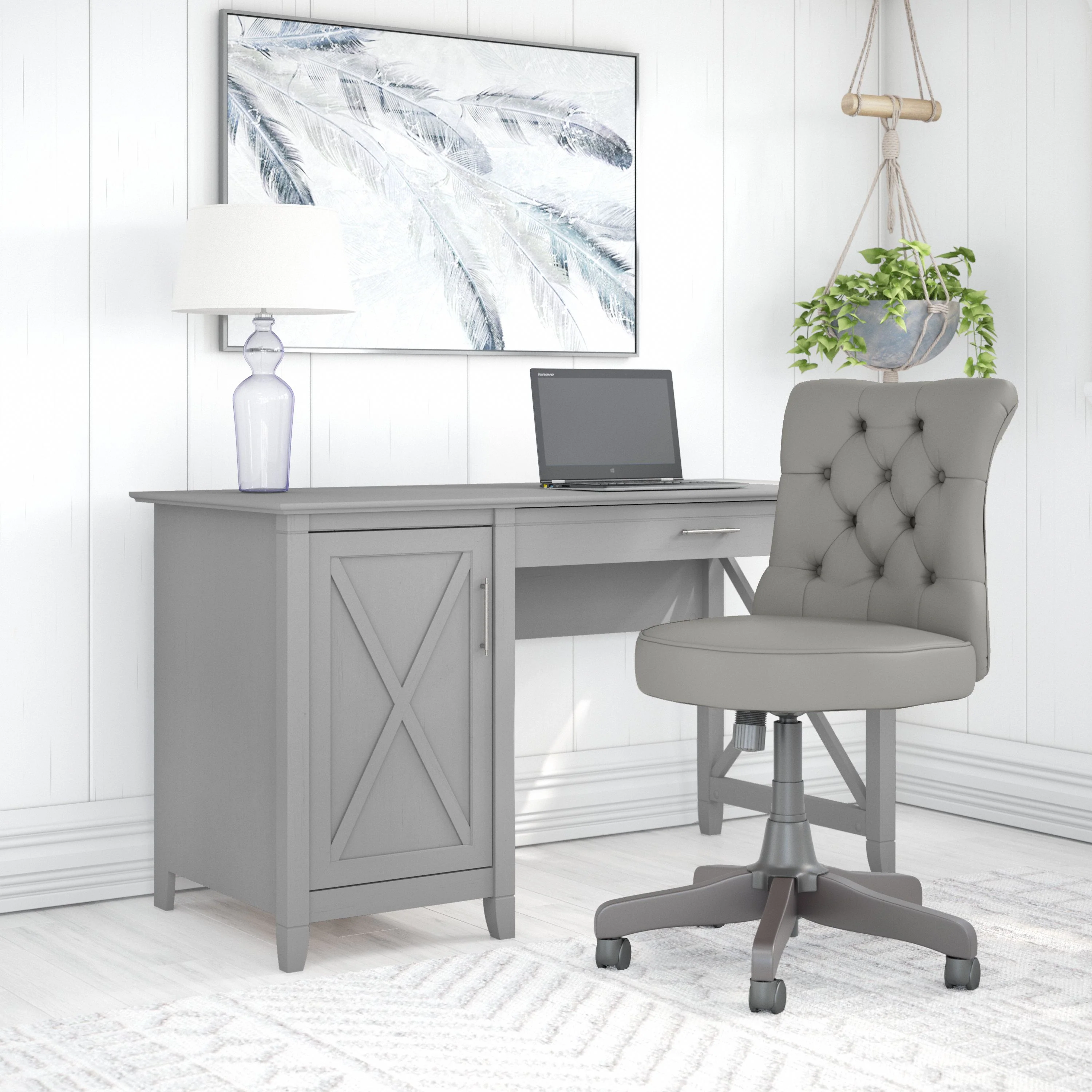 Key West 54W Computer Desk with Storage and Mid Back Tufted Office Chair