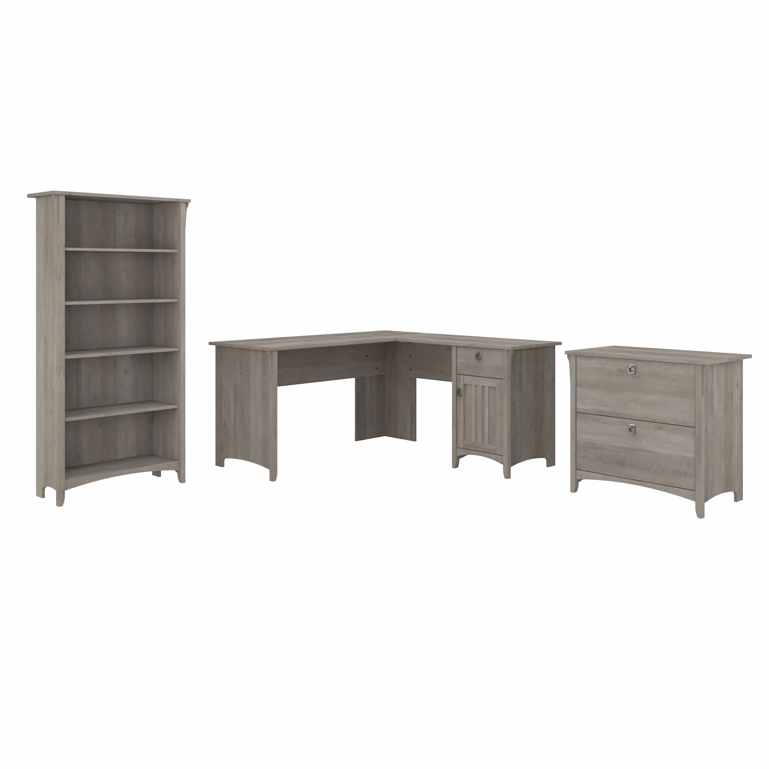Salinas 60W L Shaped Desk with Lateral File Cabinet and 5 Shelf Bookcase