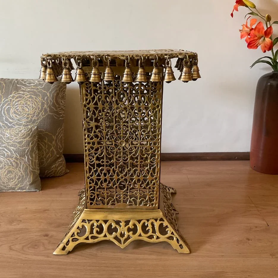 21 Inch Brass Chowki With Bells For Idols And Pooja