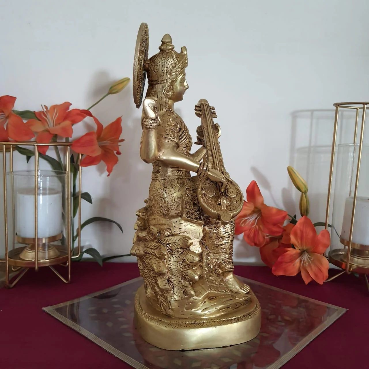 15 Inches Goddess Saraswati Brass Idol - Decorative Statue