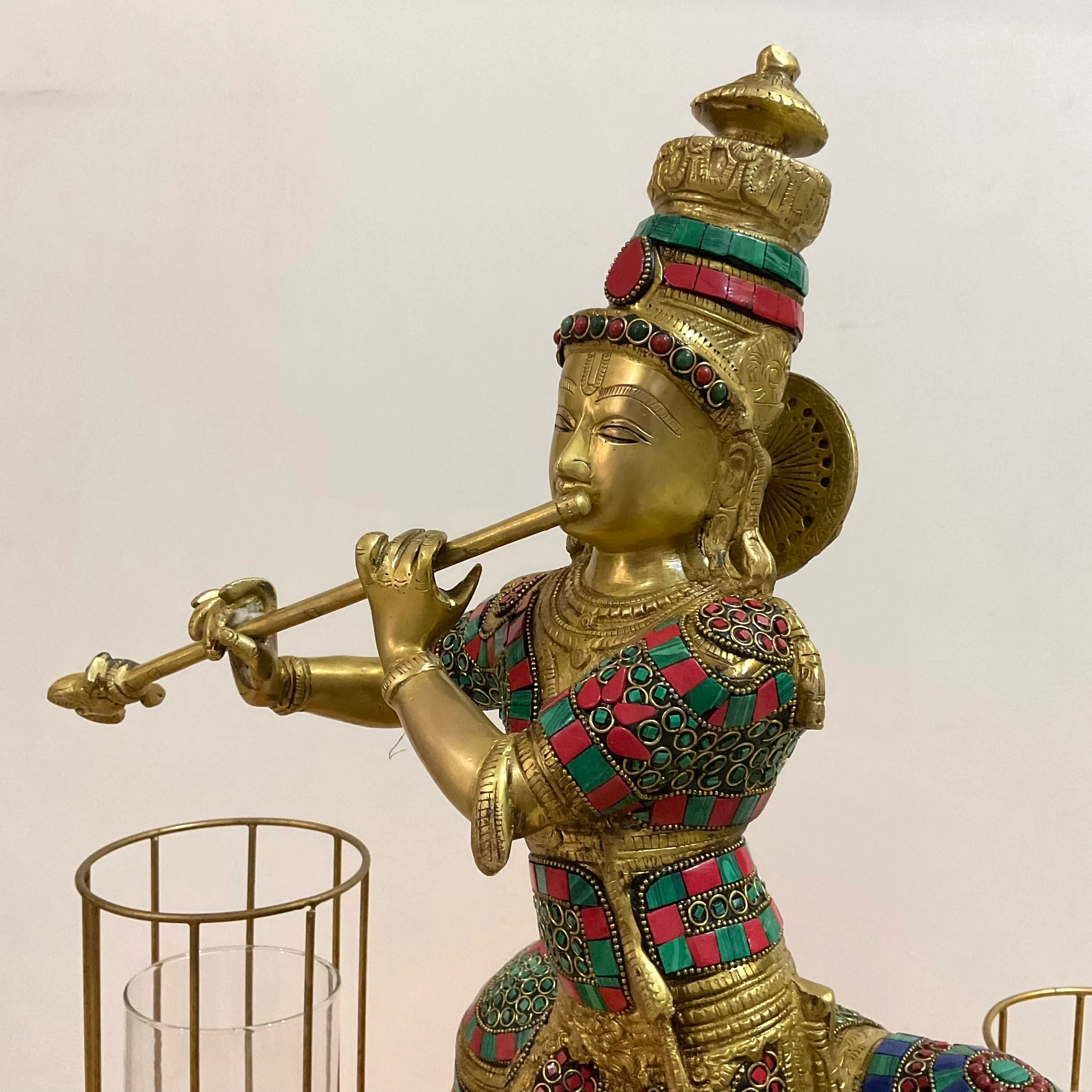 Lord Krishna Cow idol, 25 Inch Large Brass Stonework Statue for Home