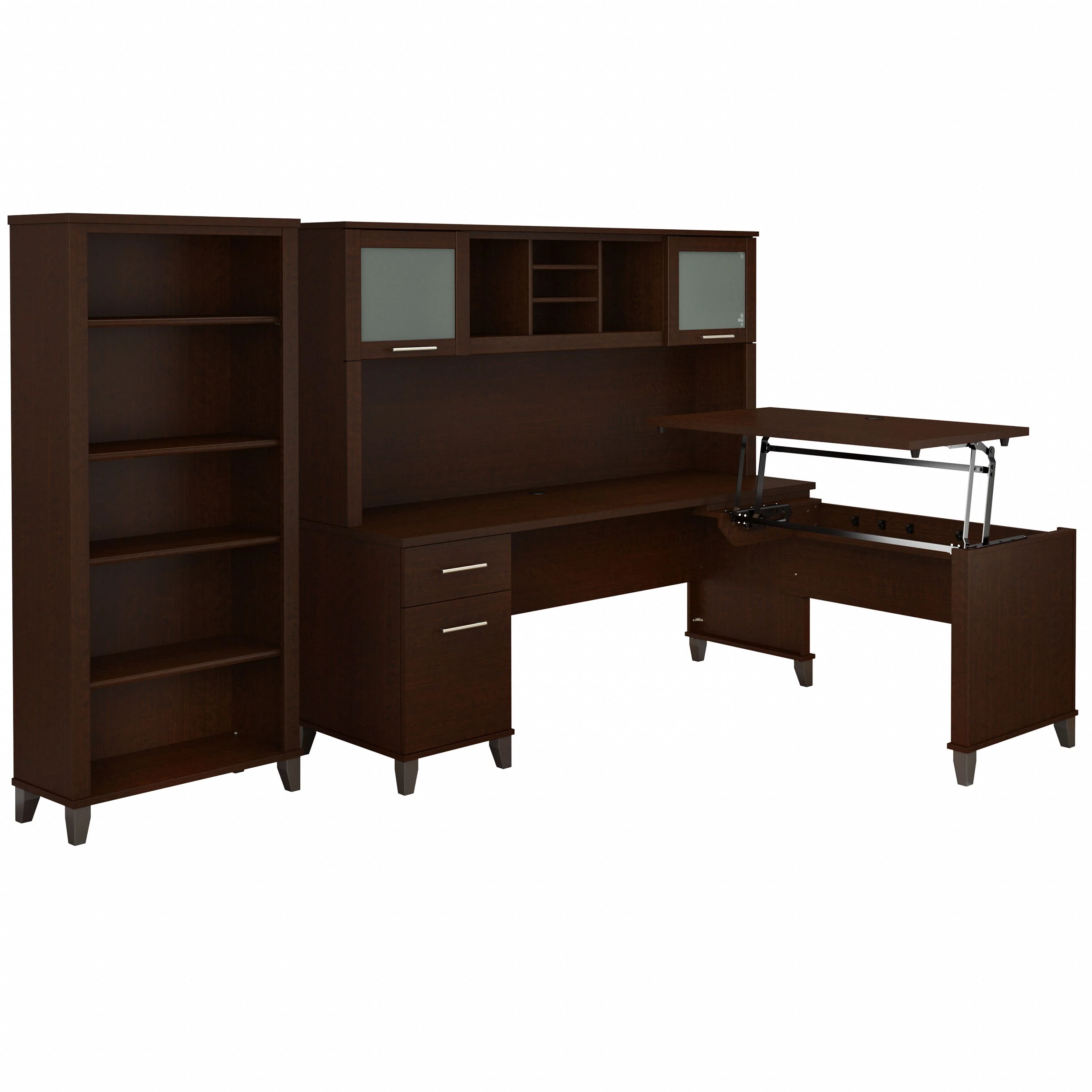Somerset 72W 3 Position Sit to Stand L Shaped Desk with Hutch and Bookcase