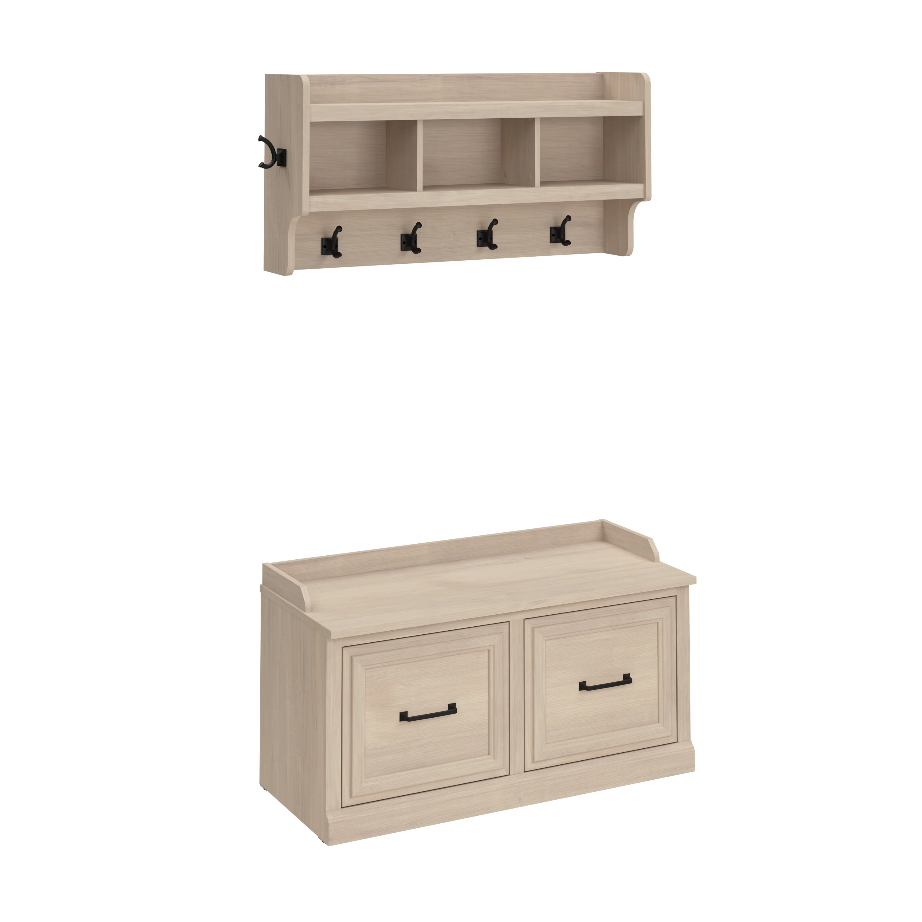 Woodland 40W Shoe Storage Bench with Doors and Wall Mounted Coat Rack