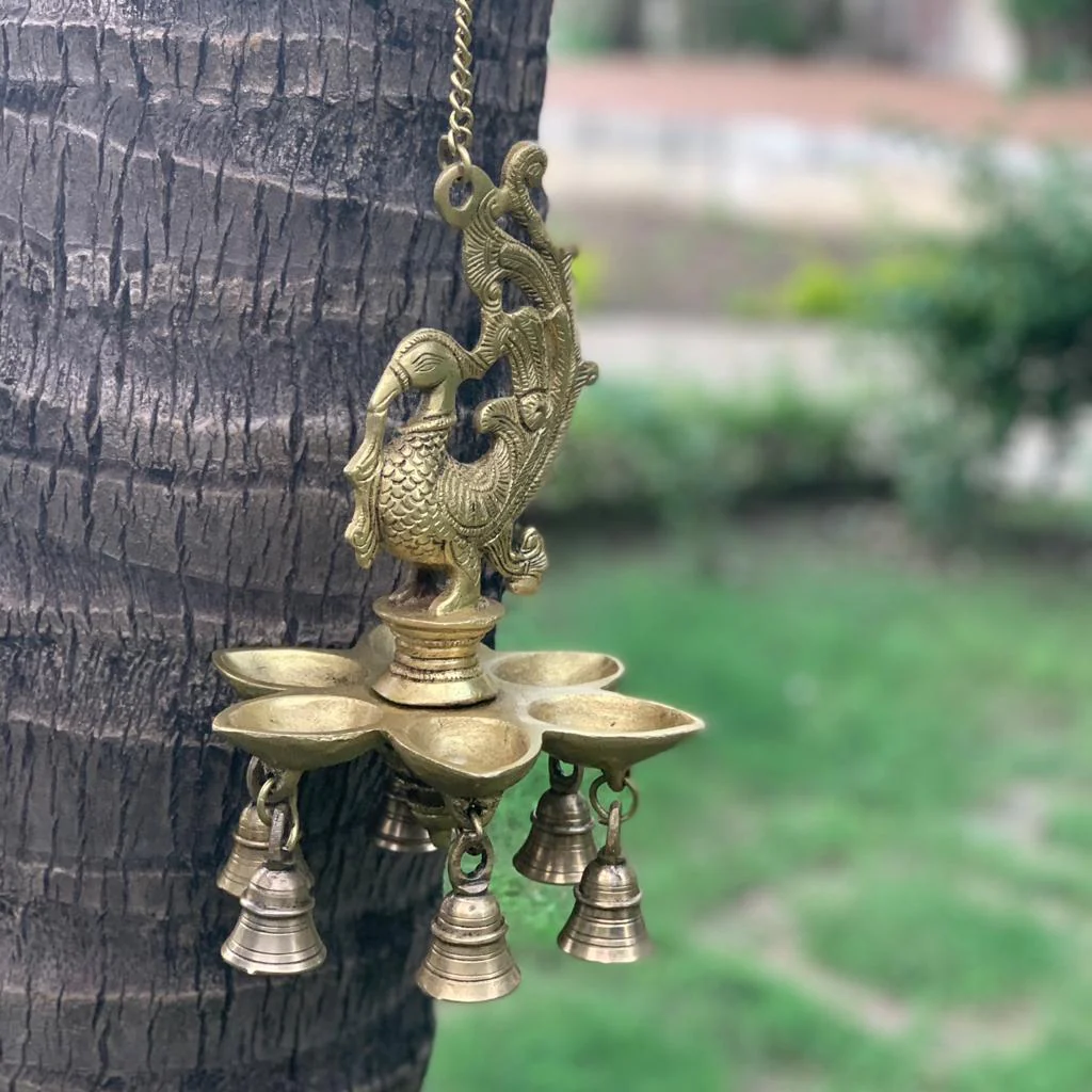 Peacock Hanging Diya Bell - Brass Wall Hanging - Traditional Home Decor