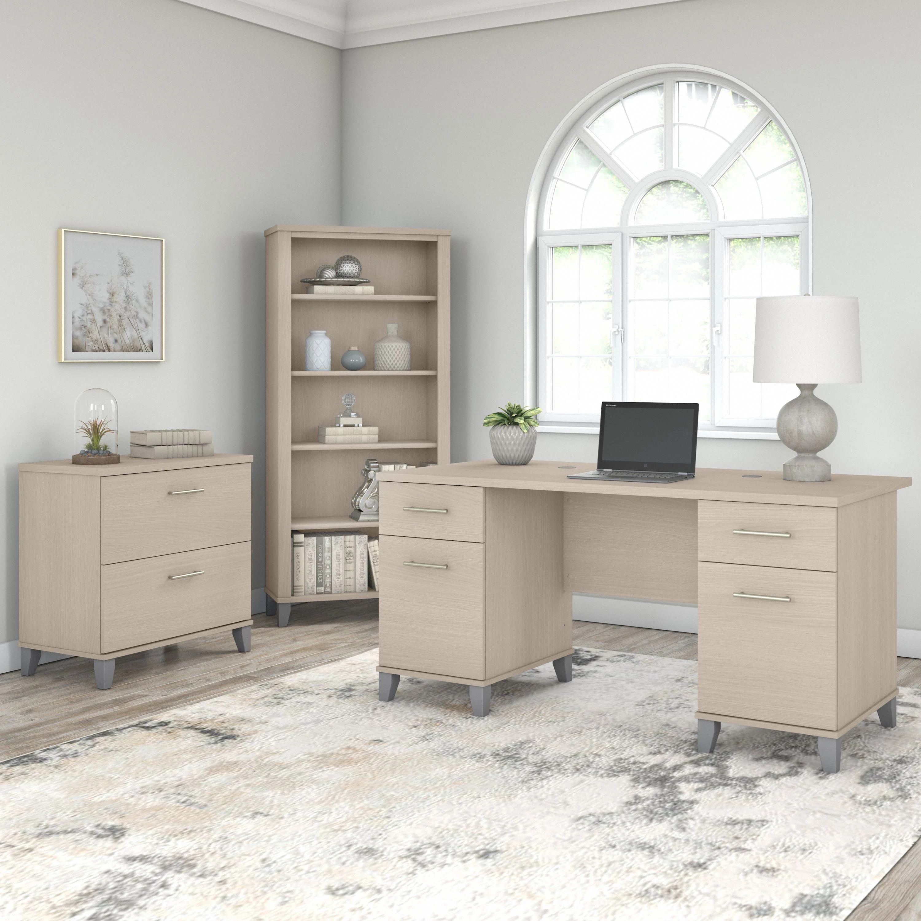 Somerset 60W Office Desk with Lateral File Cabinet and 5 Shelf Bookcase