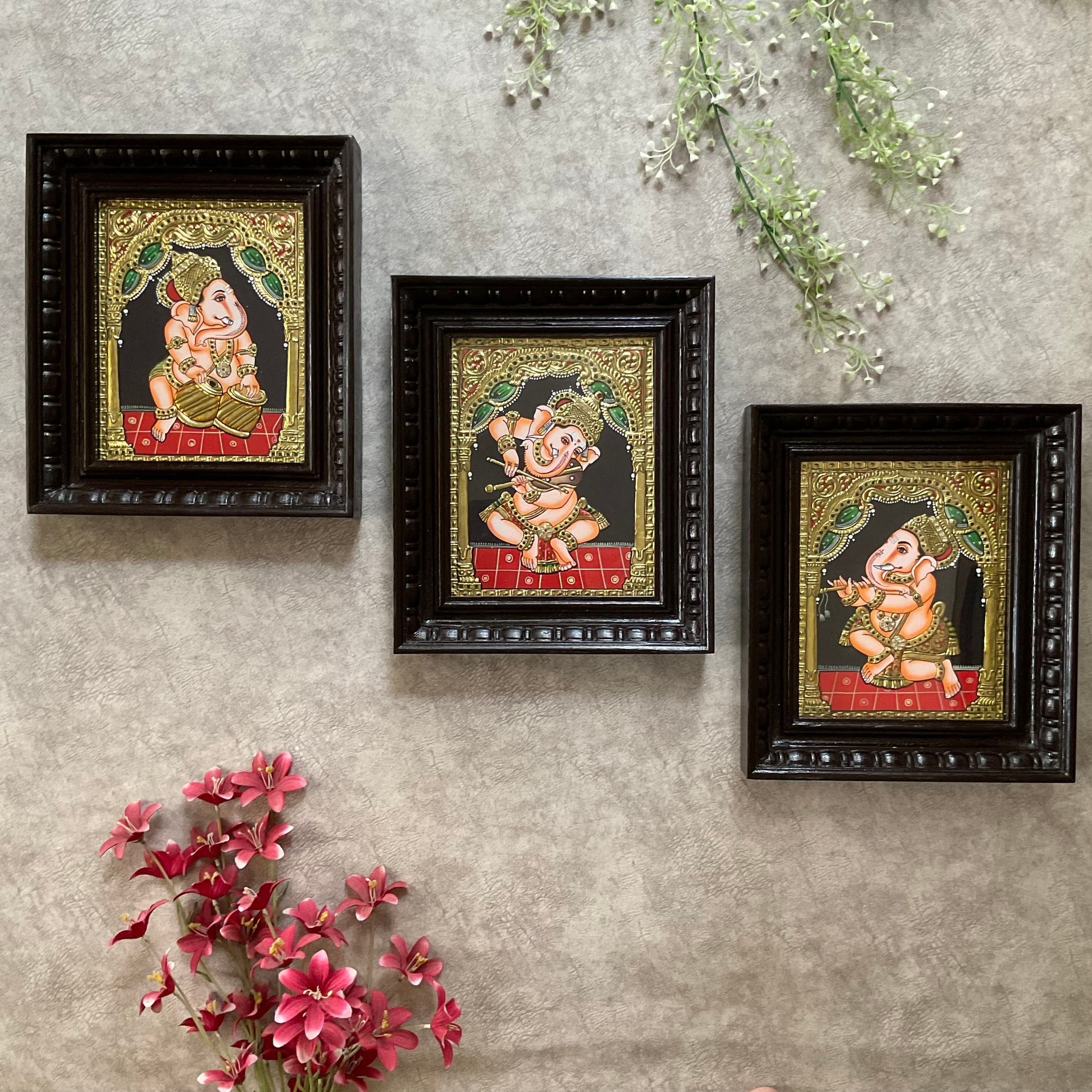 Lord Ganesha Tanjore Painting (Set of 3) - Traditional Wall Art