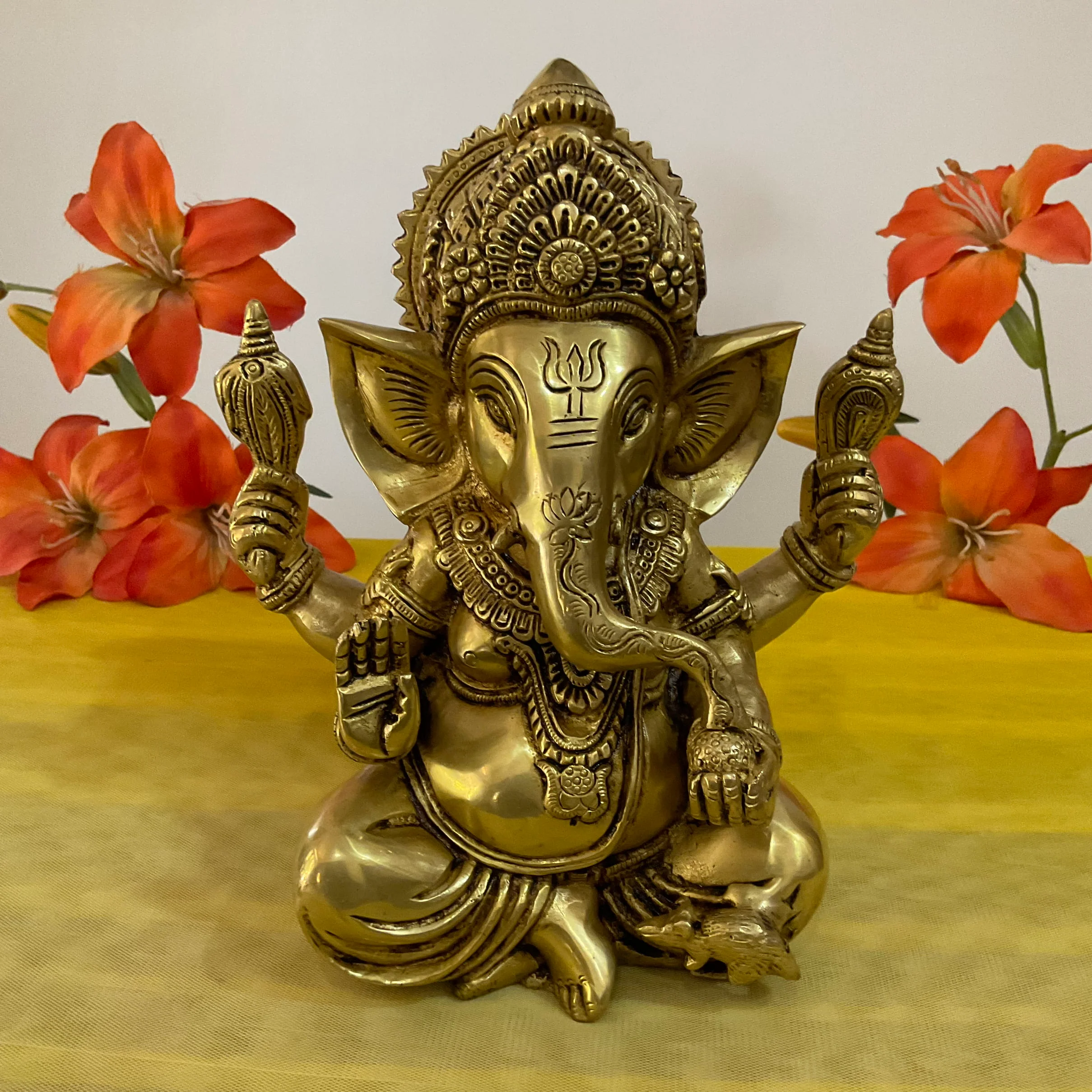 9 Inch Brass Ganesh Idol For Pooja - Home Decor Festive Statue