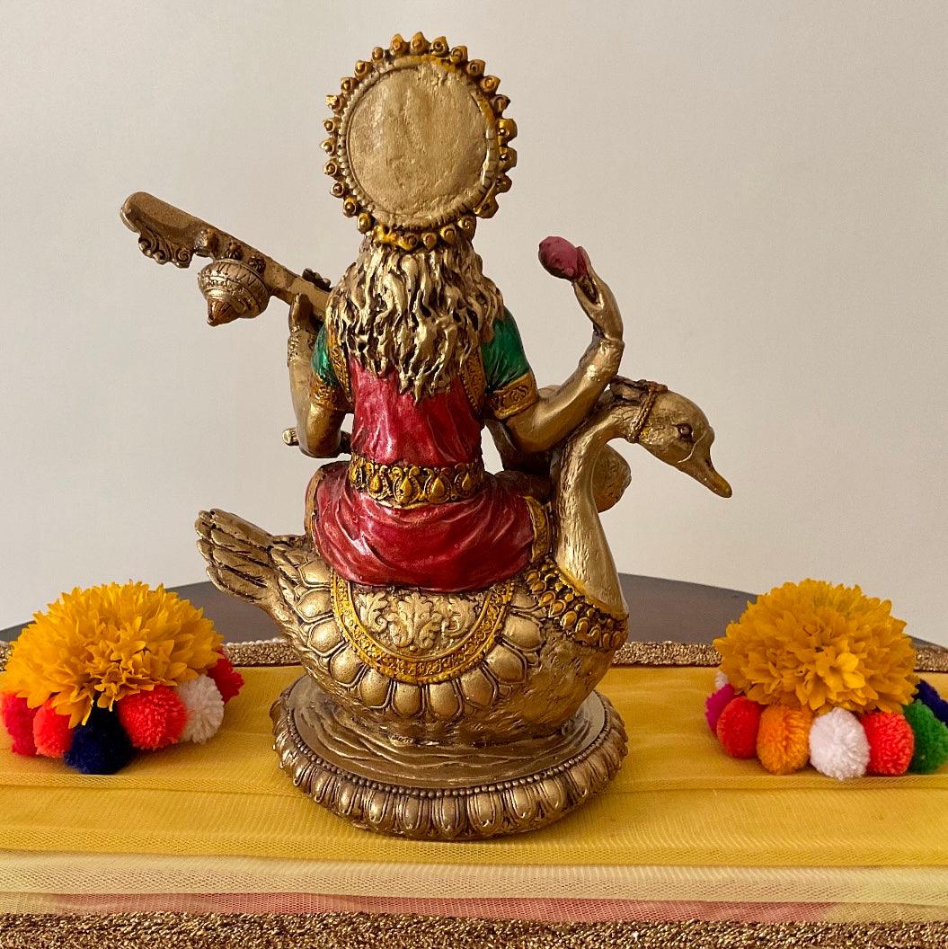 Goddess Saraswati Copper Finish Marble Dust and Resin Idol - Decorative Figurine
