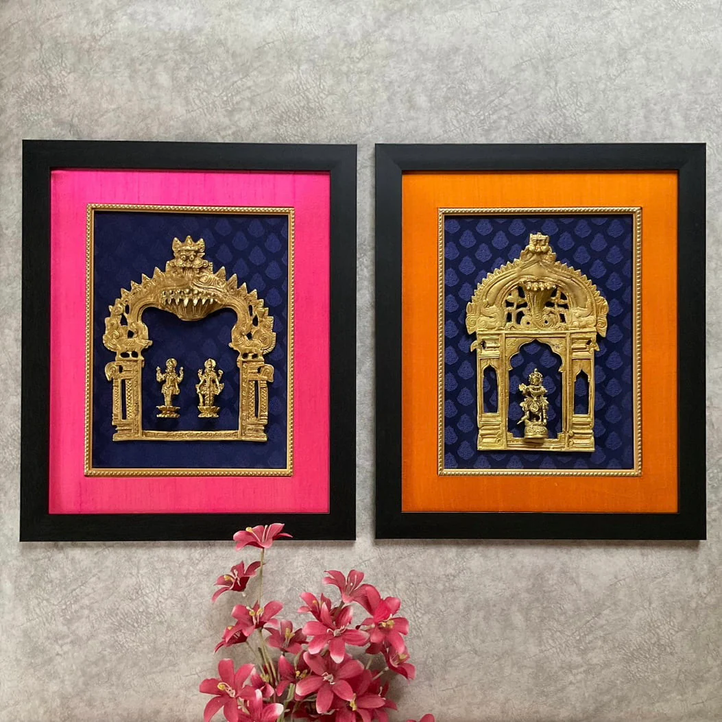 Framed Brass Prabhavali (Set of 2) - Vishnu Lakshmi ji And Lord Krishna - Ethnic Wall Decor