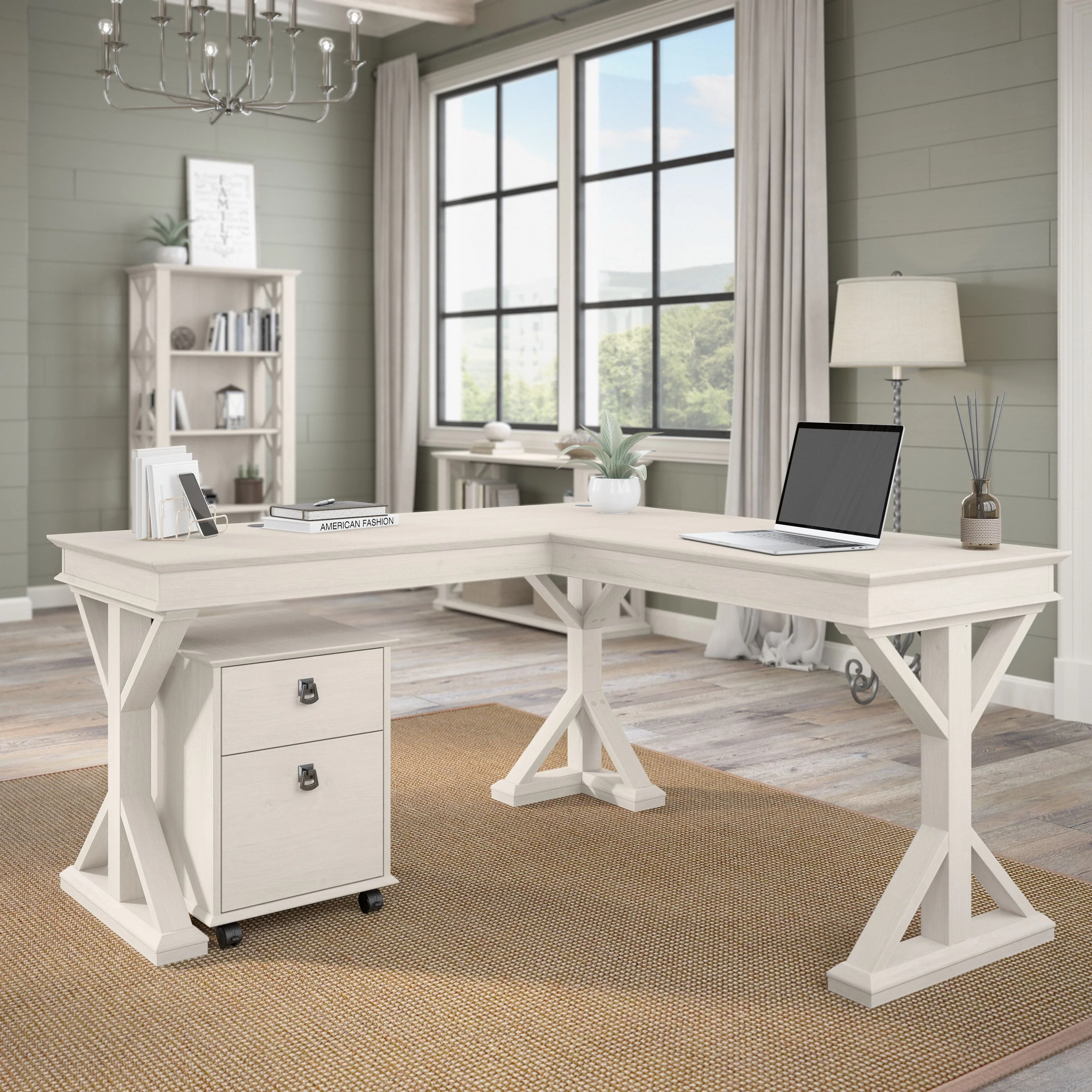 Homestead 60W Farmhouse L Shaped Desk with Mobile File Cabinet