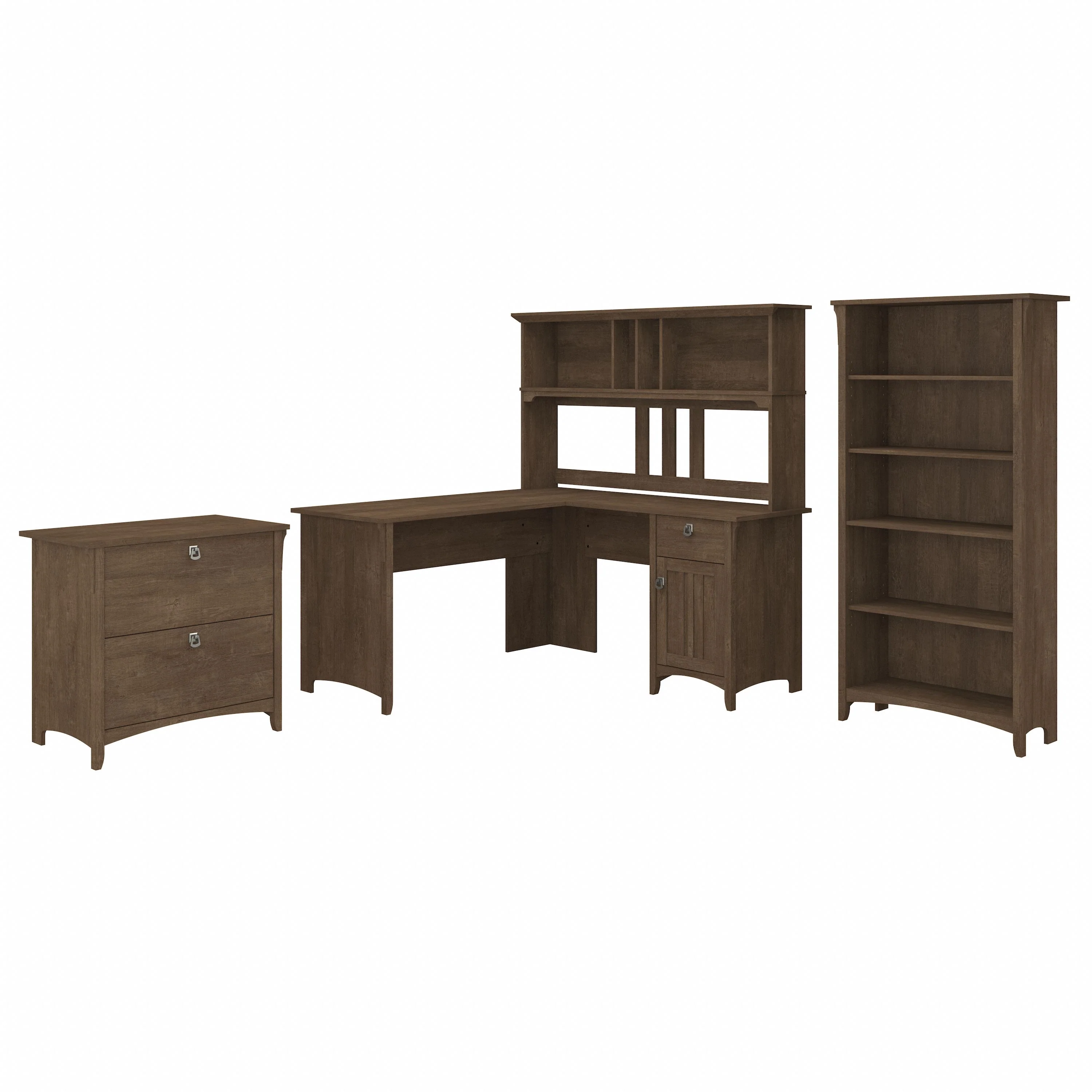 Salinas 60W L Shaped Desk with Hutch, Lateral File Cabinet and 5 Shelf Bookcase