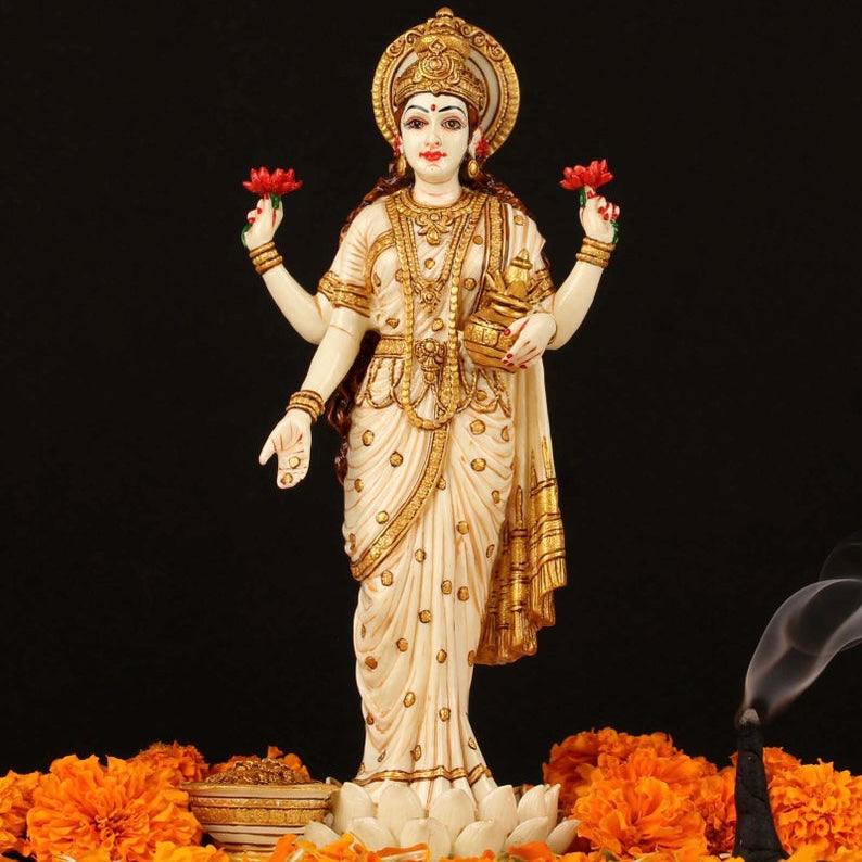 Goddess Lakshmi Standing Marble Dust & Resin Idol -  Hindu God Statue - Decorative Murti
