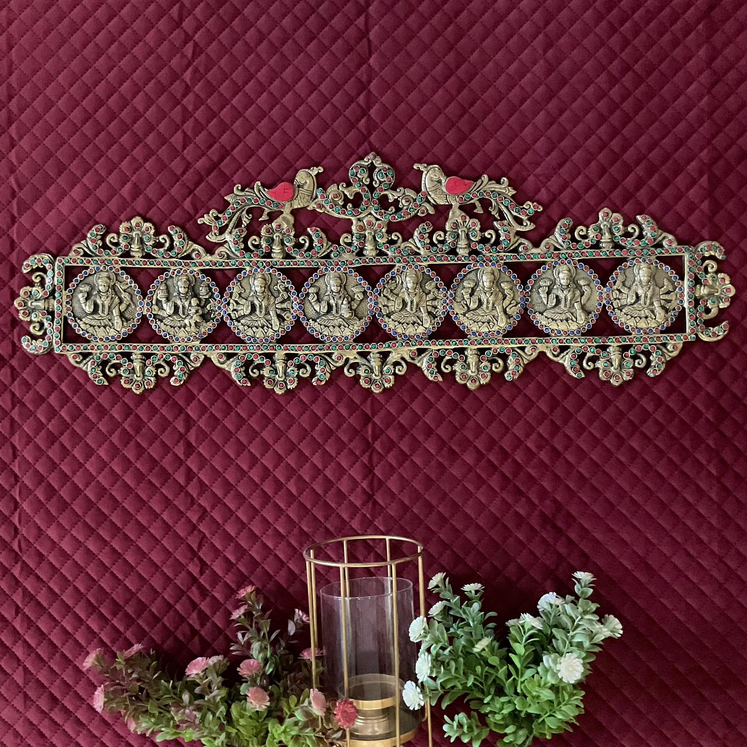 Ashtalakshmi Brass Stonework Divine Wall Hanging - Indian Brass Wall Decor